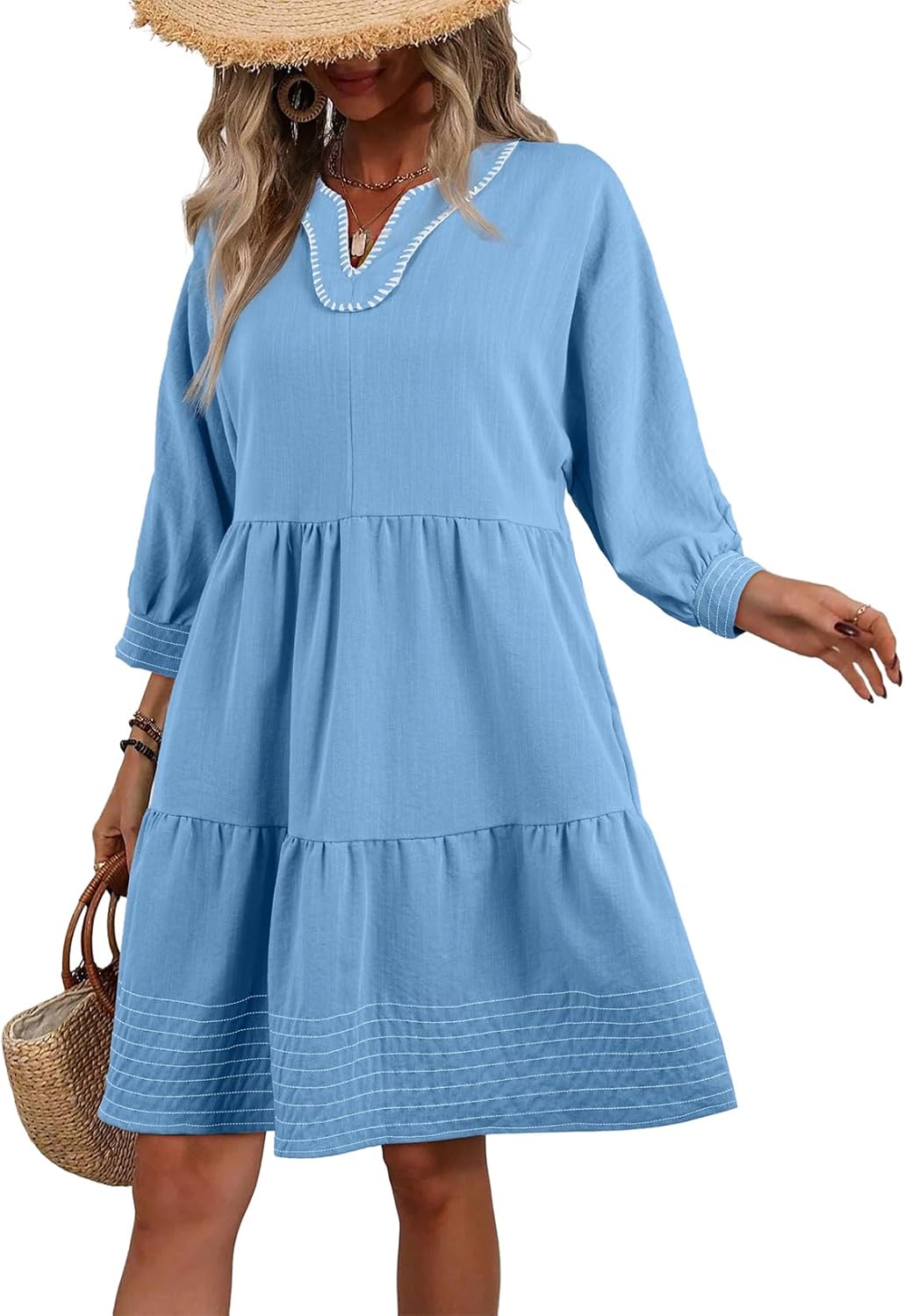 BLENCOT Summer Dresses for Women Casual V Neck 3/4 Puff Sleeve Boho A-line Tiered Babydoll Dress