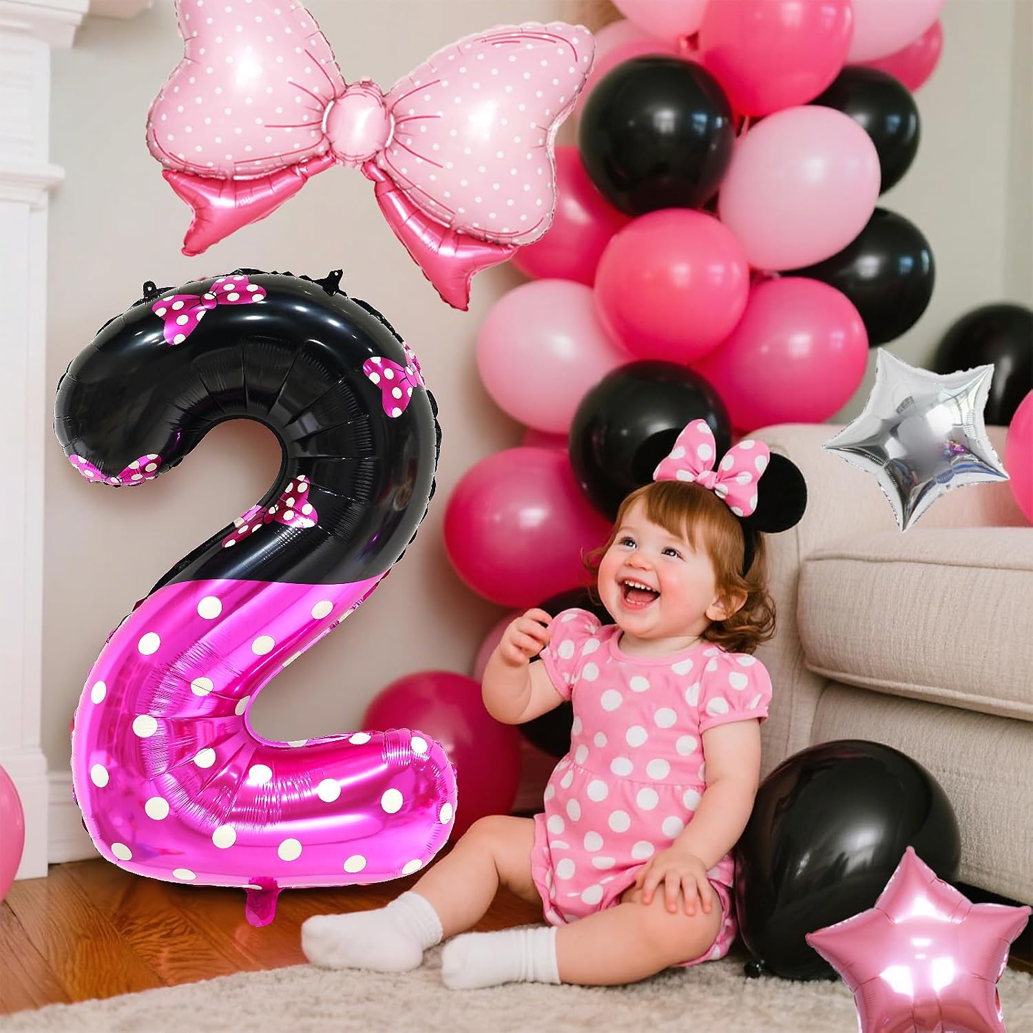 Cartoon Mouse Pink Birthday Banner Party Decorations with Bow Balloons, 40 Inch Number Balloon, 2nd Birthday Decor Supplies for Girl