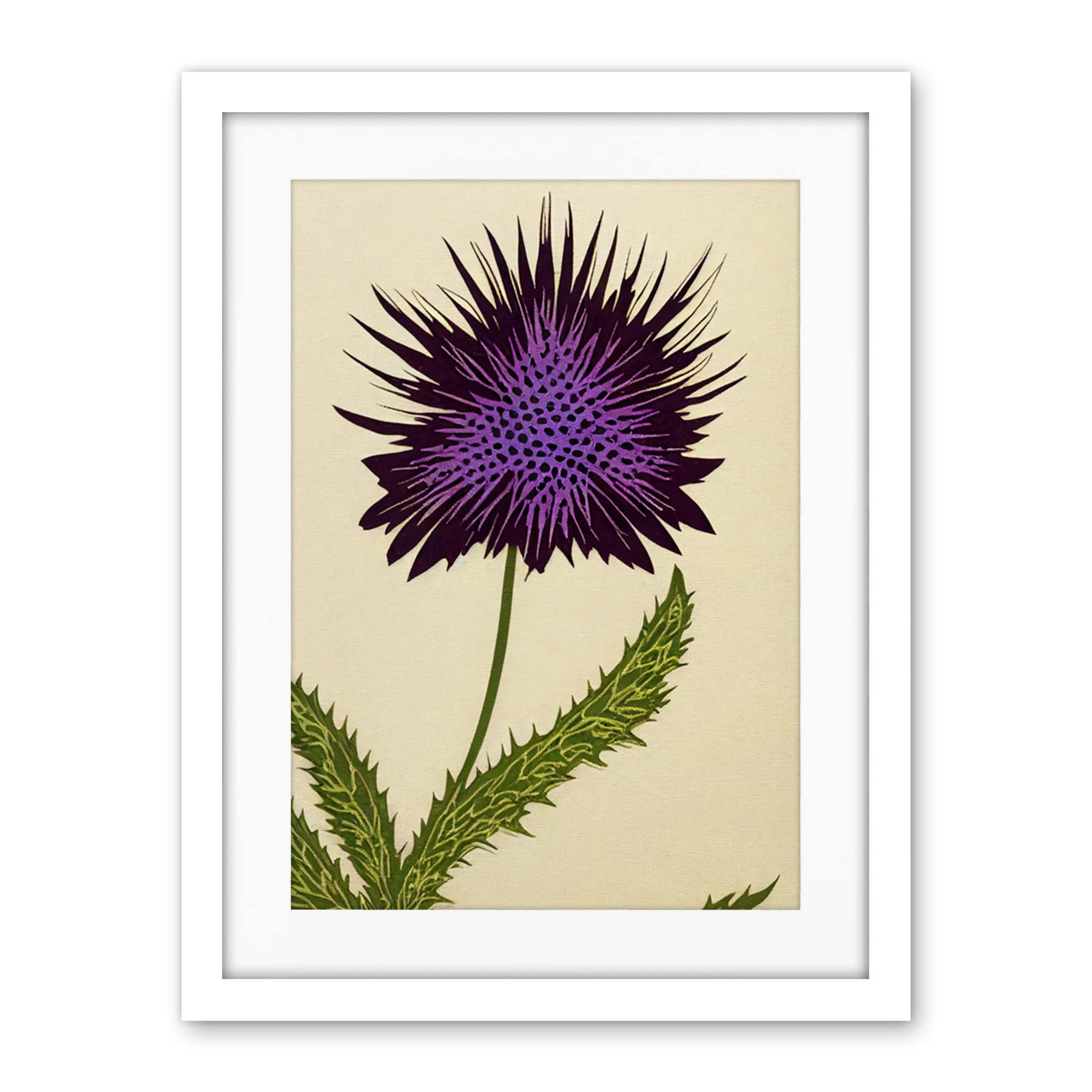Wee Blue Coo Stylized Modern Purple Scottish Thistle Flower Illustration Artwork Framed Wall Art Print 18X24 Inch