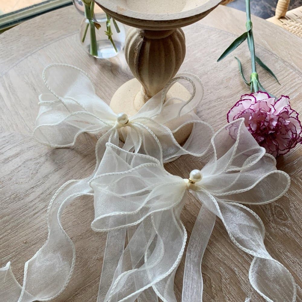 qbodp 4 Pack Curtain Tiebacks Lace Pearl Bow Tie Backs for Drapes, Elegant Decorative Curtain Holdbacks Curtain Ties Decorative for Girl Room