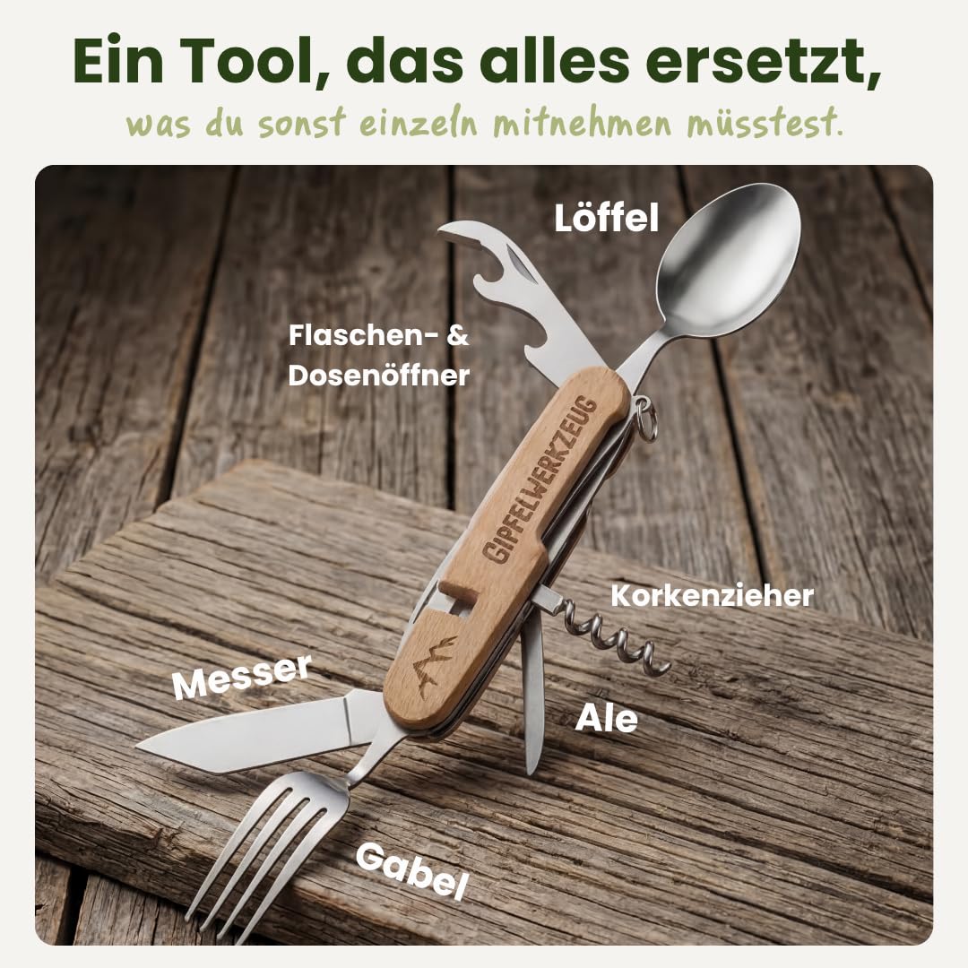 Gipfelgaudi All-in-One Camping Besteck: ideal zum Wandern, Picknick & mehr I Plastikfreies Besteck To Go aus rostfreiem Edelstahl & Holz