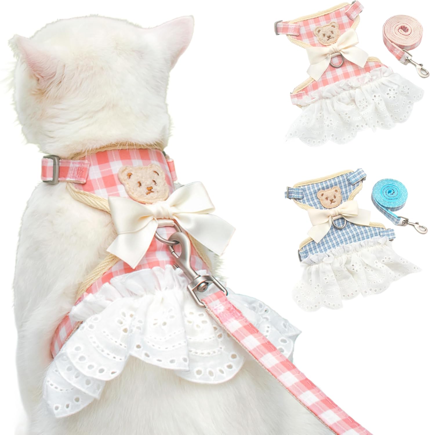 Cute Bear Harness Leash Set 2Pcs Cat Rabbit Dog Bow Plaid Premium Vest Princess Dress Collar Adjustable Breathable Soft Mesh (Pink1 + Blue, Small)