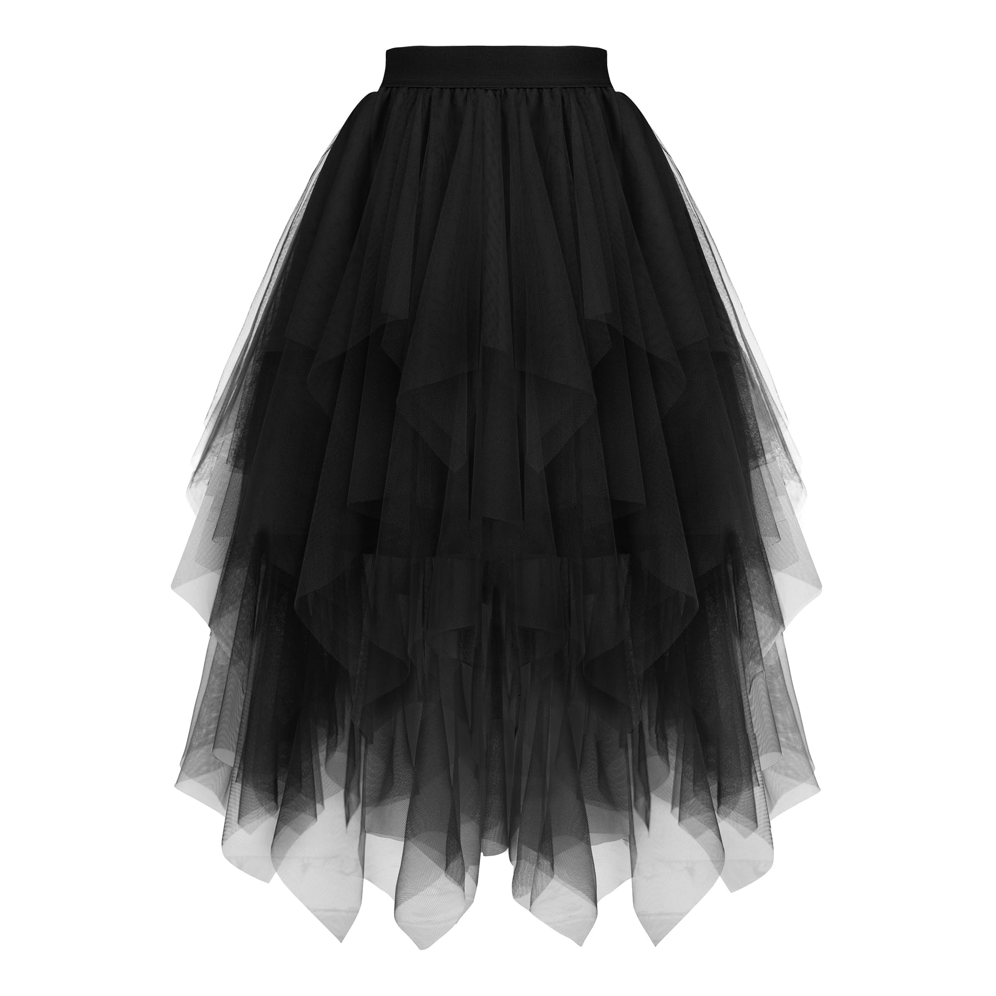 GOOBGS Damen Tüllrock Party Fee Mehrschichtig Unregelmäßiger Röcke Elastischer Bund A-Linie Höhe Taille Midi Tutu Rock