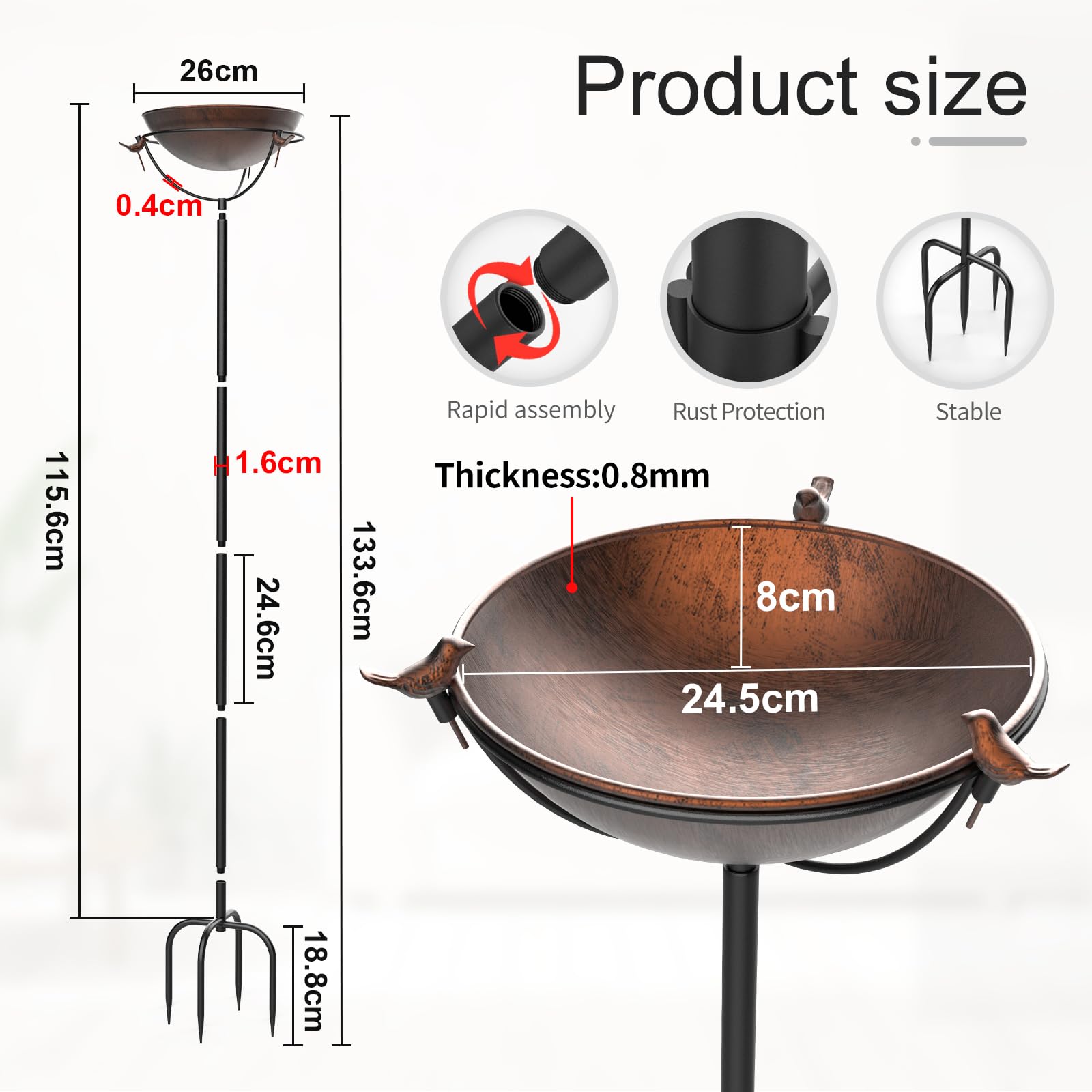 EFUTURETIME Metalowe poidło ogrodowe ze stojakiem φ 26 × 115 cm taca na ptaki regulowana wysokość taca z 3 rzeźbami ptaków na zewnątrz balkon brąz