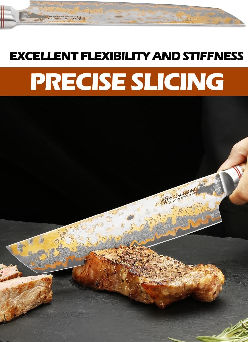 YOUSUNLONG Tanto Chef's Knife 8 Inch - Japanese Handmade CuMai Copper Damascus Steel Blade - Naturel Burl Wooden Handle with Leather - Image 3