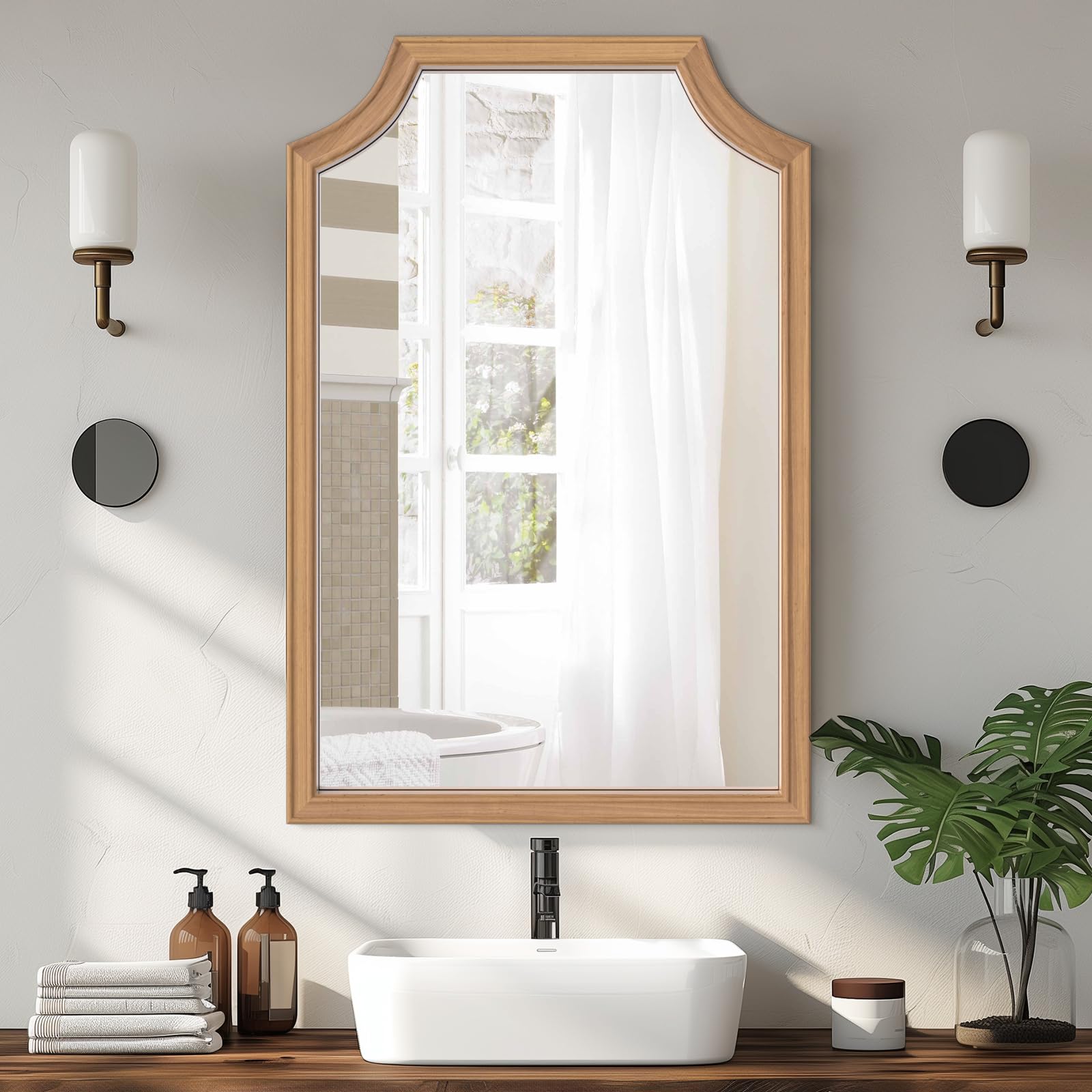WallBeyond Scalloped Wood Mirror for Small Bathroom Vanity 20x30 Inch Rectangle Wall Mirror Decor for Hallway Bedroom Living Room Home (Honey-Colored)