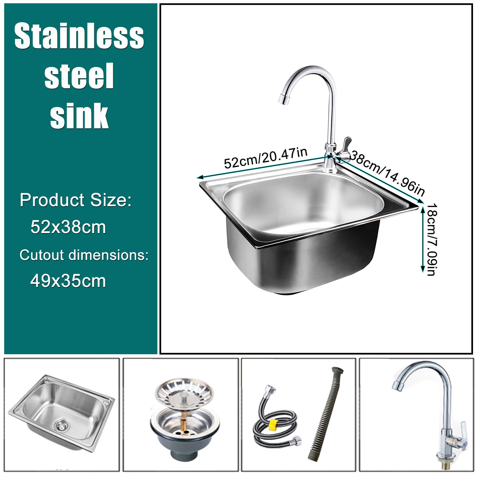 Lavello da Cucina,lavello Quadrato in Acciaio Inox,Vasca Singola,lavabo Incasso sottopiano con Rubinetto,per Bar,Bagno,Ristorante (52x38cm)