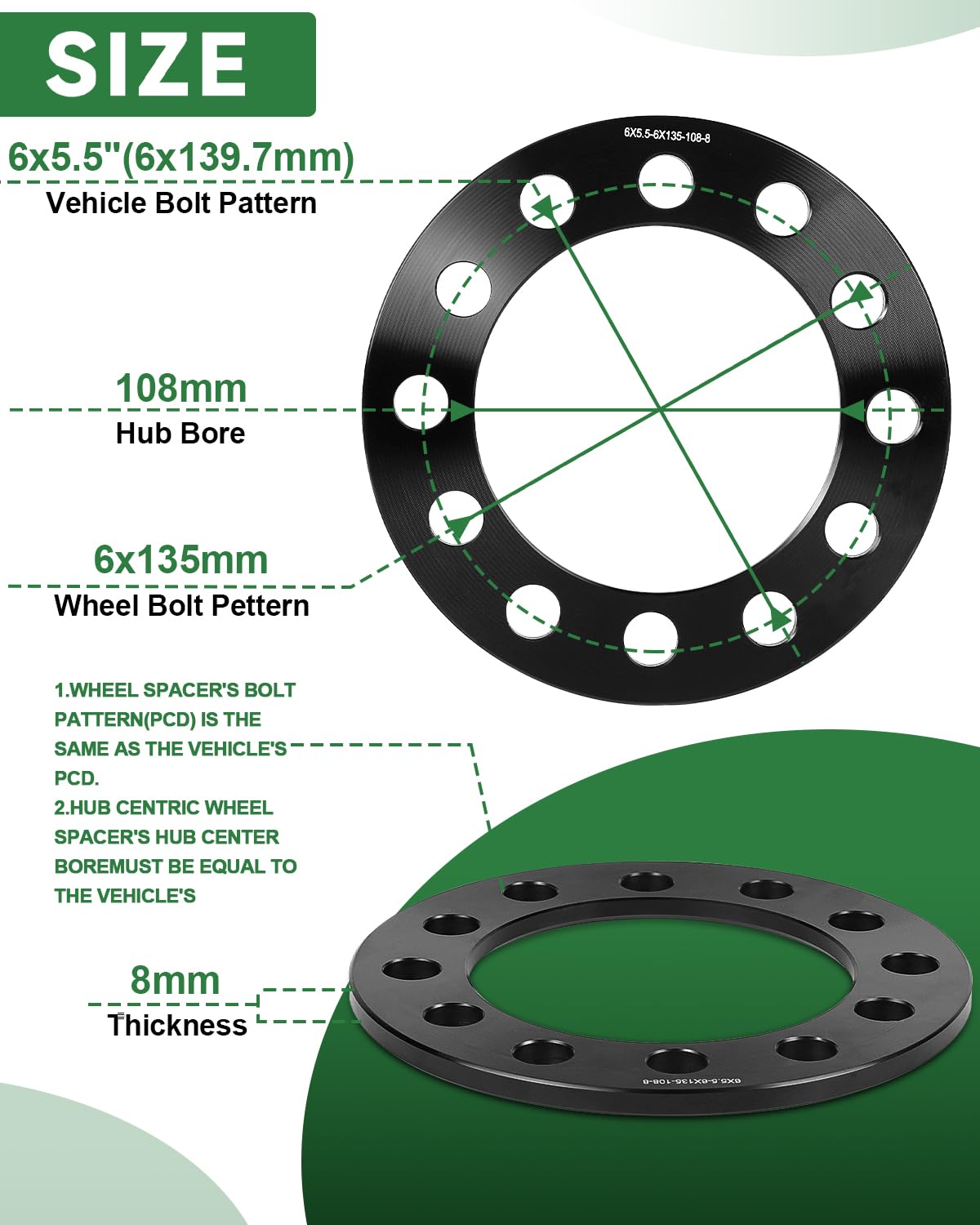 4pcs Black Forged 6x5.5 6x135 6x139.7 Flat Wheel Spacers 8mm (0.31inch) 108mm Hub Bore Replacement for Silverado 1500/Suburban 1500, Sierra 1500/Yukon 1500, Tacoma (6 Lug)/4-Runner and More - Image 2