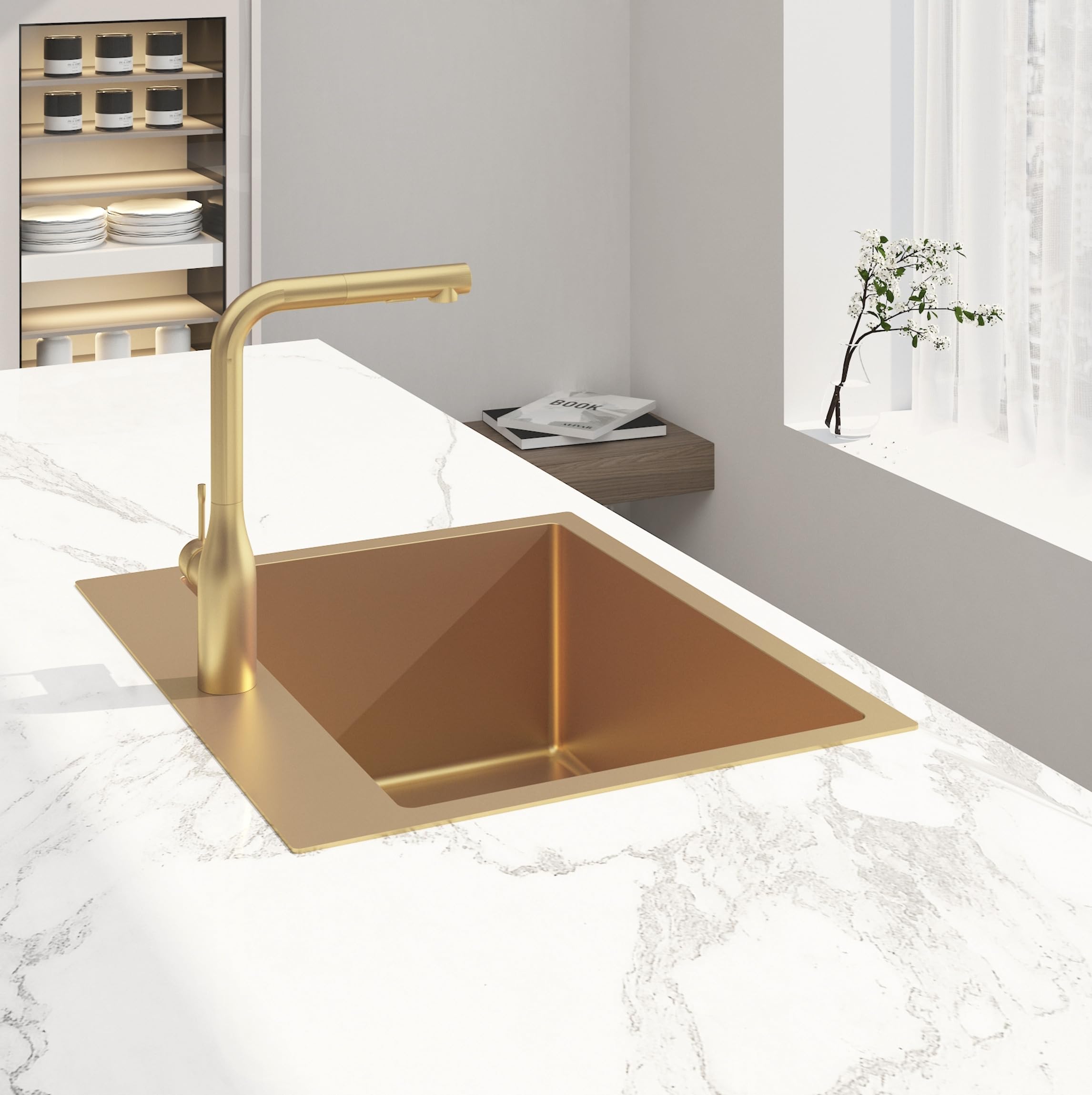 Swiss Aqua Technologies | Timeless Évier de Cuisine Encastrable en Inox 304 | 1 Bac | Dimensions 55x45x21 cm | Finition Or Brossé PVD | Résistant aux Taches et à la Corrosion | Facile à Nettoyer