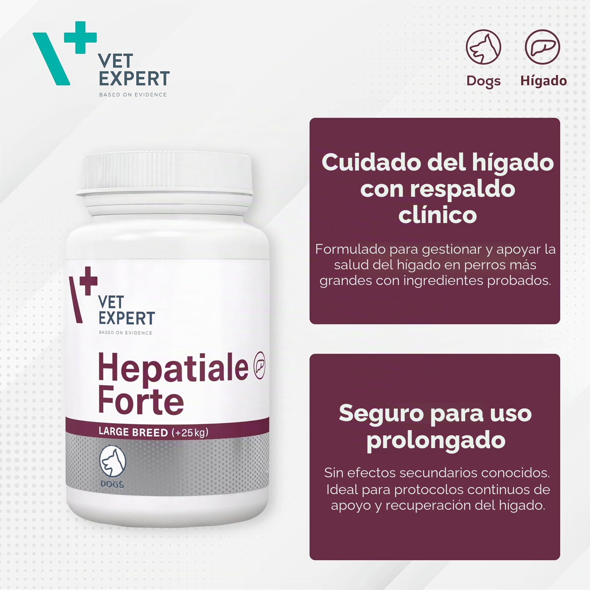 Alimento complementario para razas grandes de perros | 40 pastillas | Apoyo a la función hepática | Más de 25 kg de peso corporal | Vet Expert Hepatiale Forte