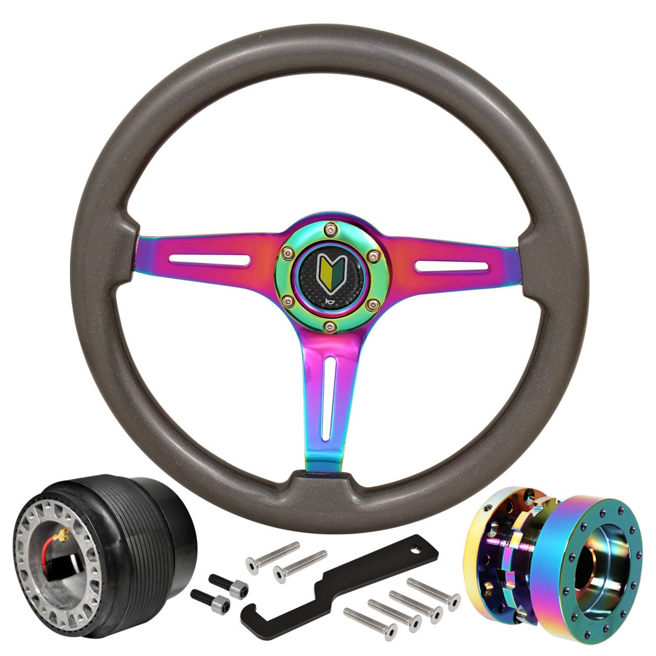 AJP Distributors 345mm 6-Bolt Steering Wheel Hub Adapter Extender Wakaba Horn Button Upgrade Replacement Compatible/Replacement For Mr2 Ae86 Corolla Civic S2000 Tc Xa Xb