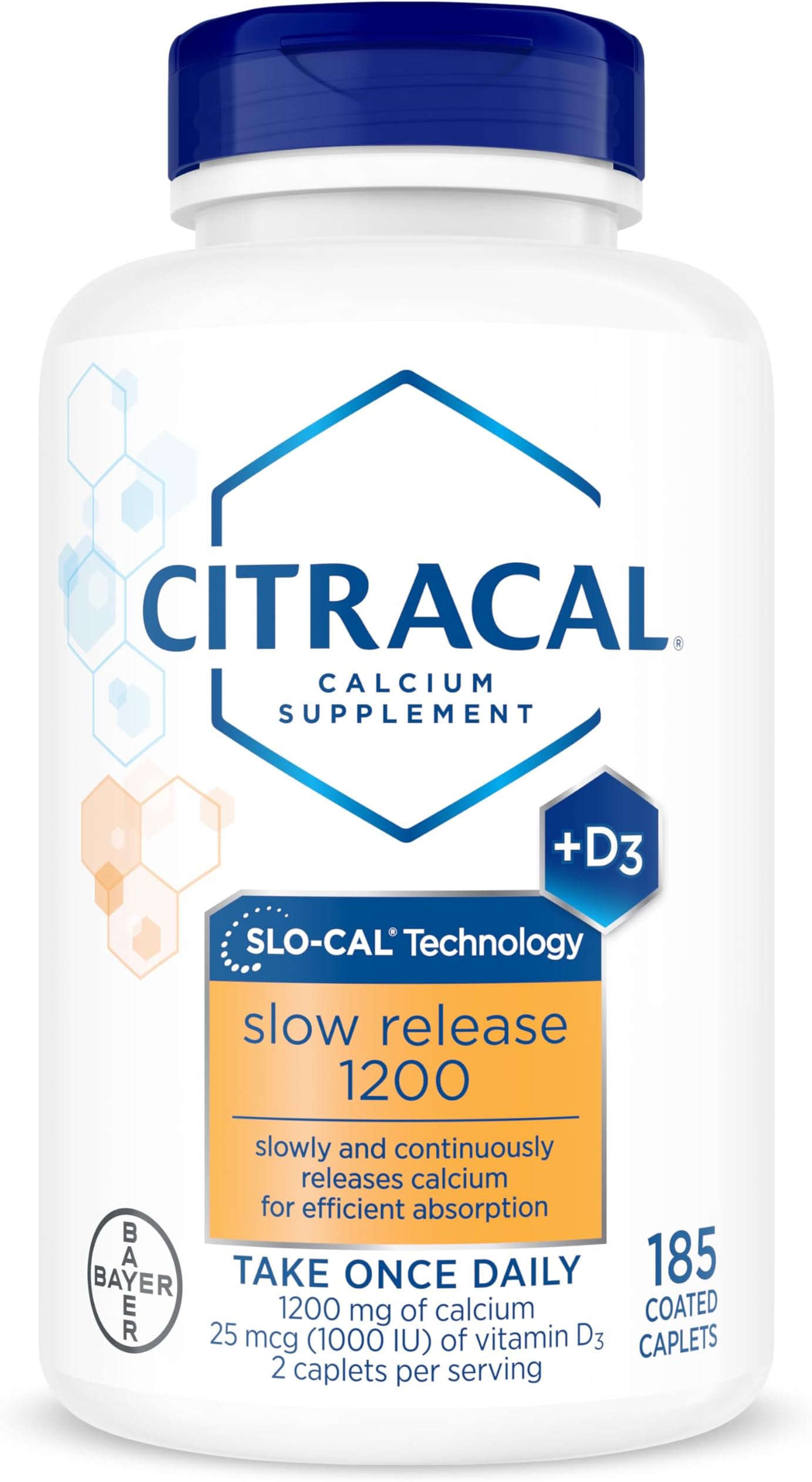 CITRACAL Slow Release 1200, 1200 mg Calcium Citrate and Calcium Carbonate Blend with 1000 IU Vitamin D3, Bone Health Supplement for Adults, Once Daily Caplets, 185 Count