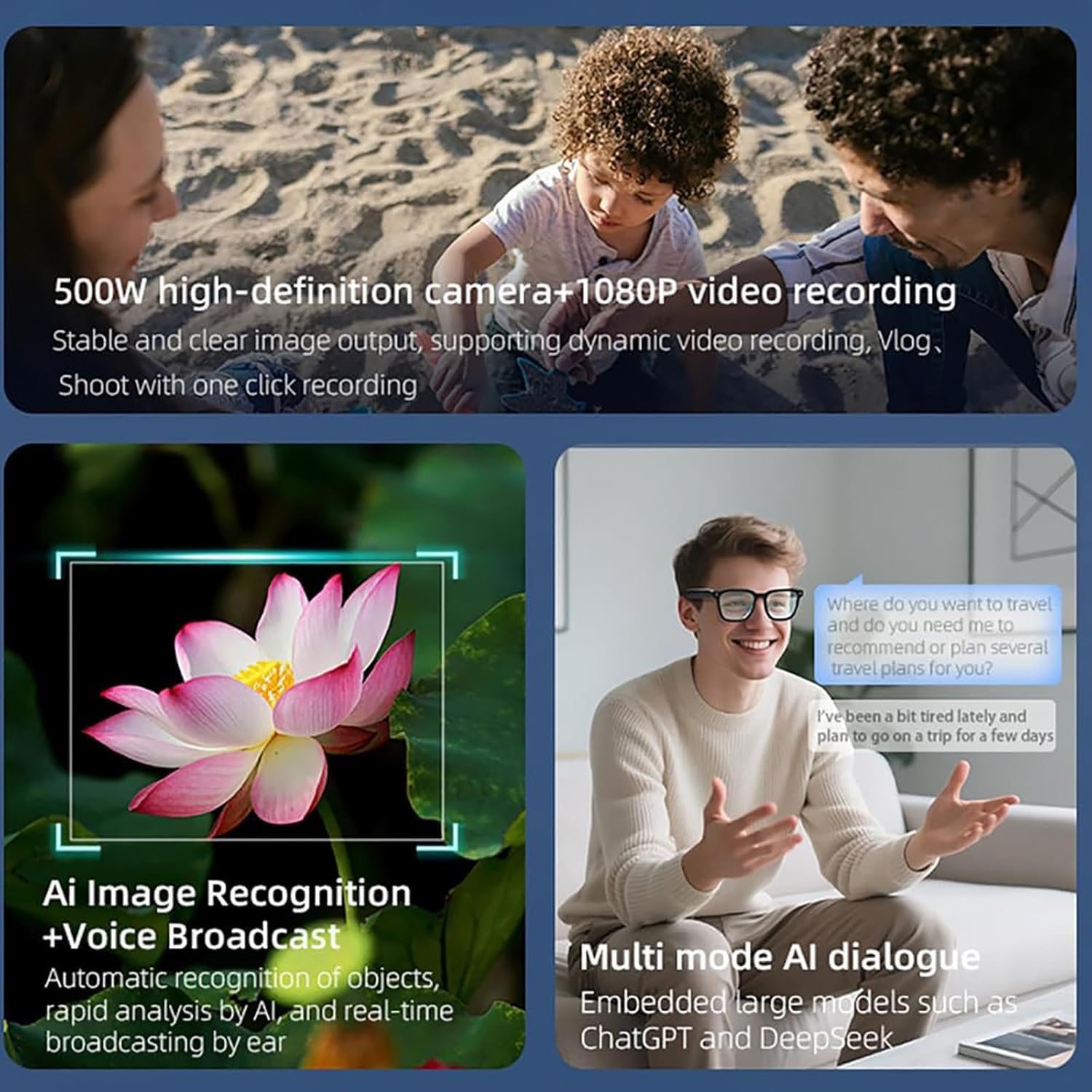 Inteligentne okulary AI z kamerą, dźwięk Bluetooth, tłumaczenie w czasie rzeczywistym, asystent głosowy, nagrywanie wideo 1080p, do podróży i spotkań, czarne