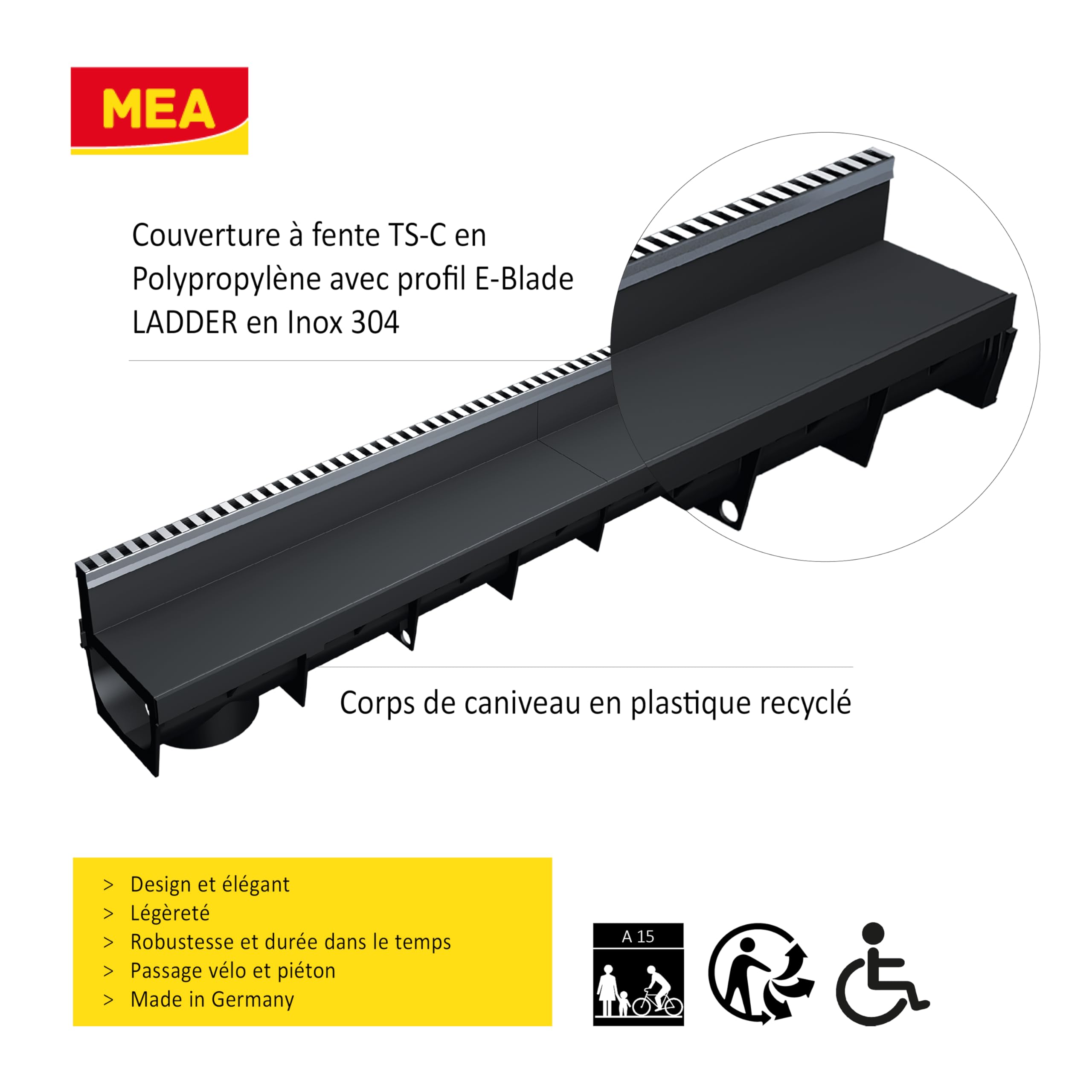 MEA Caniveau Extérieur MEAPARK 1 m – Grille à Fente en PP Recyclé + Profil E-Blade L en INOX – Drainage Terrasse, Piscine, Jardin – Classe A15 Piéton – Largeur utile 10 cm
