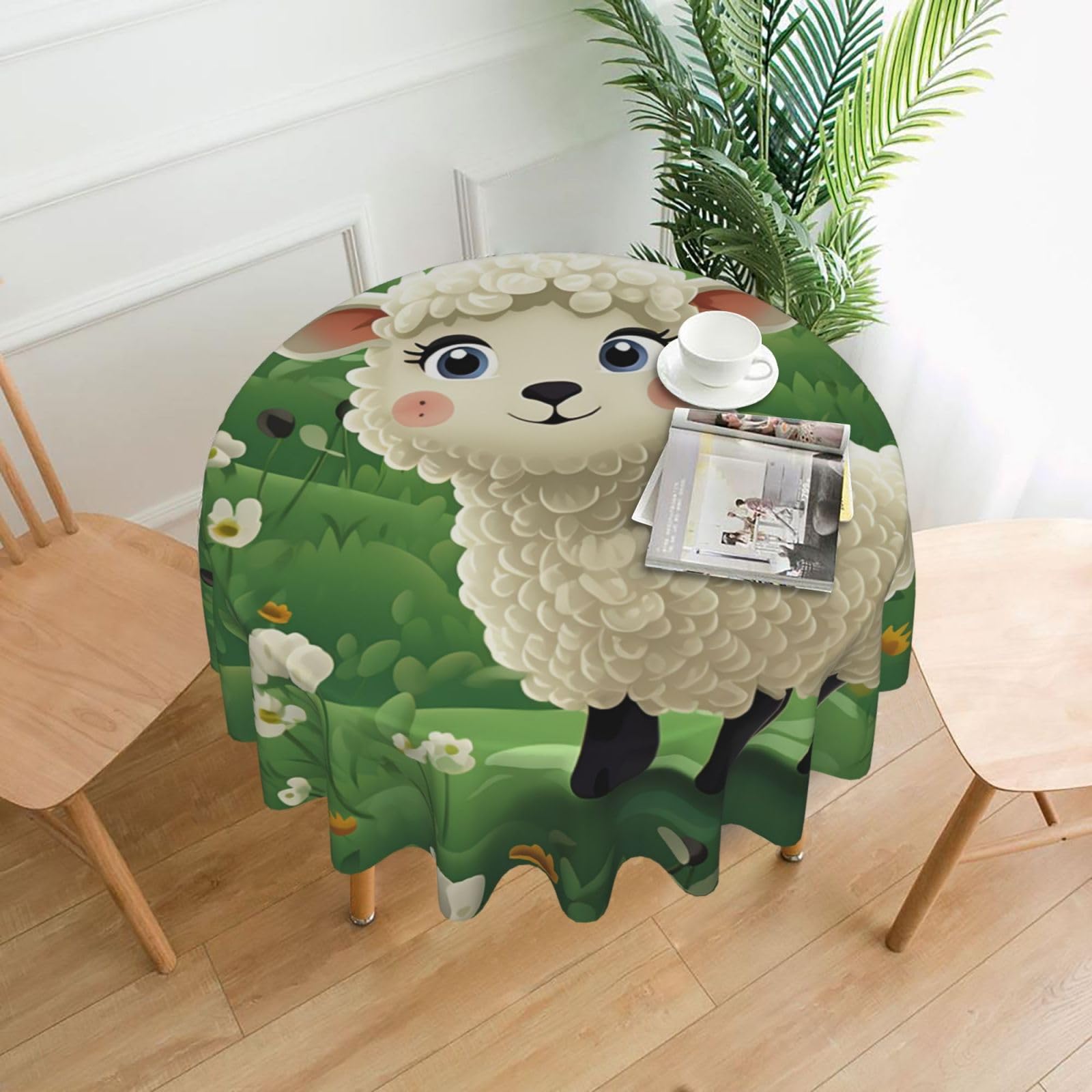 FodPand Cute Cartoon Sheep Tablecloths for Round Tables 60 Inch - Reusable Washable Dining Table Clothes - Stain and Wrinkle Resistant Decorative Fabric Table Cover for Wedding Party