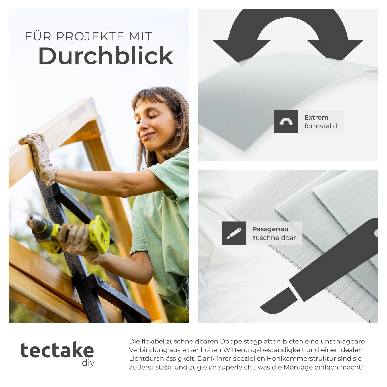 tectake® Polycarbonat Doppelstegplatten, 10x Platte, UV-beständige Kunststoffpaneele, Stegplatten Kunststoffplatte Gewächshaus, Terrassenüberdachung, Frühbeetaufsatz - 121 x 60,5 x 0,4 cm