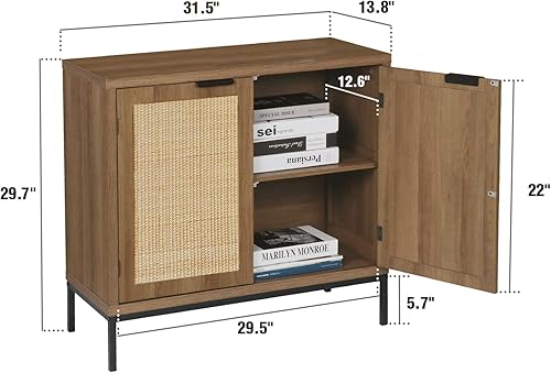 Miniatura 2 de Anmytek Armario de almacenamiento rústico de roble con 2 puertas de ratán, aparador de madera natural de mediados de siglo con almacenamiento para