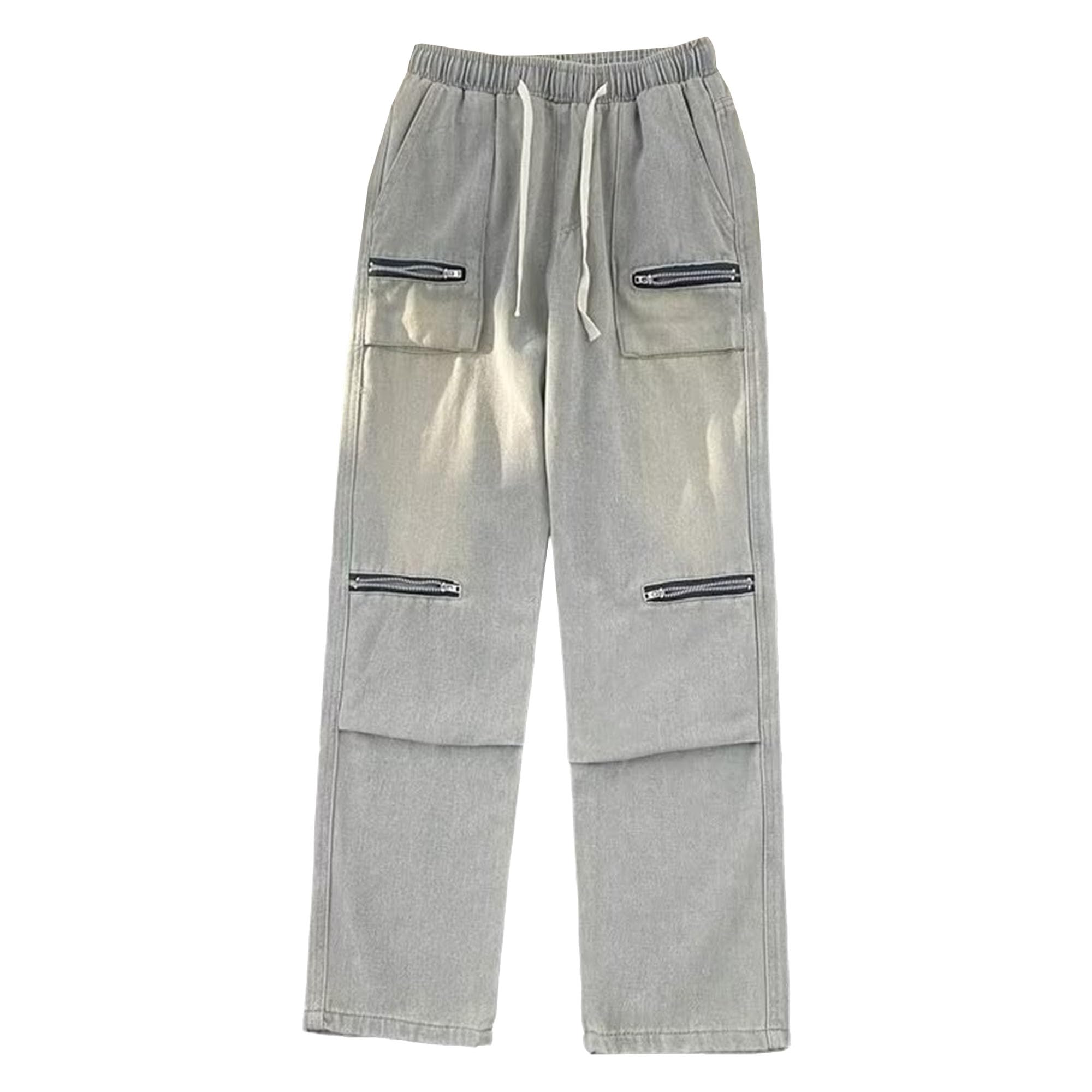 JEShifangjiusu Mens Casual Loose Drawstring Zipper Jean Baggy Hip Hop Jean Trousers Wide Leg Streetwear Y2K Denim Pants