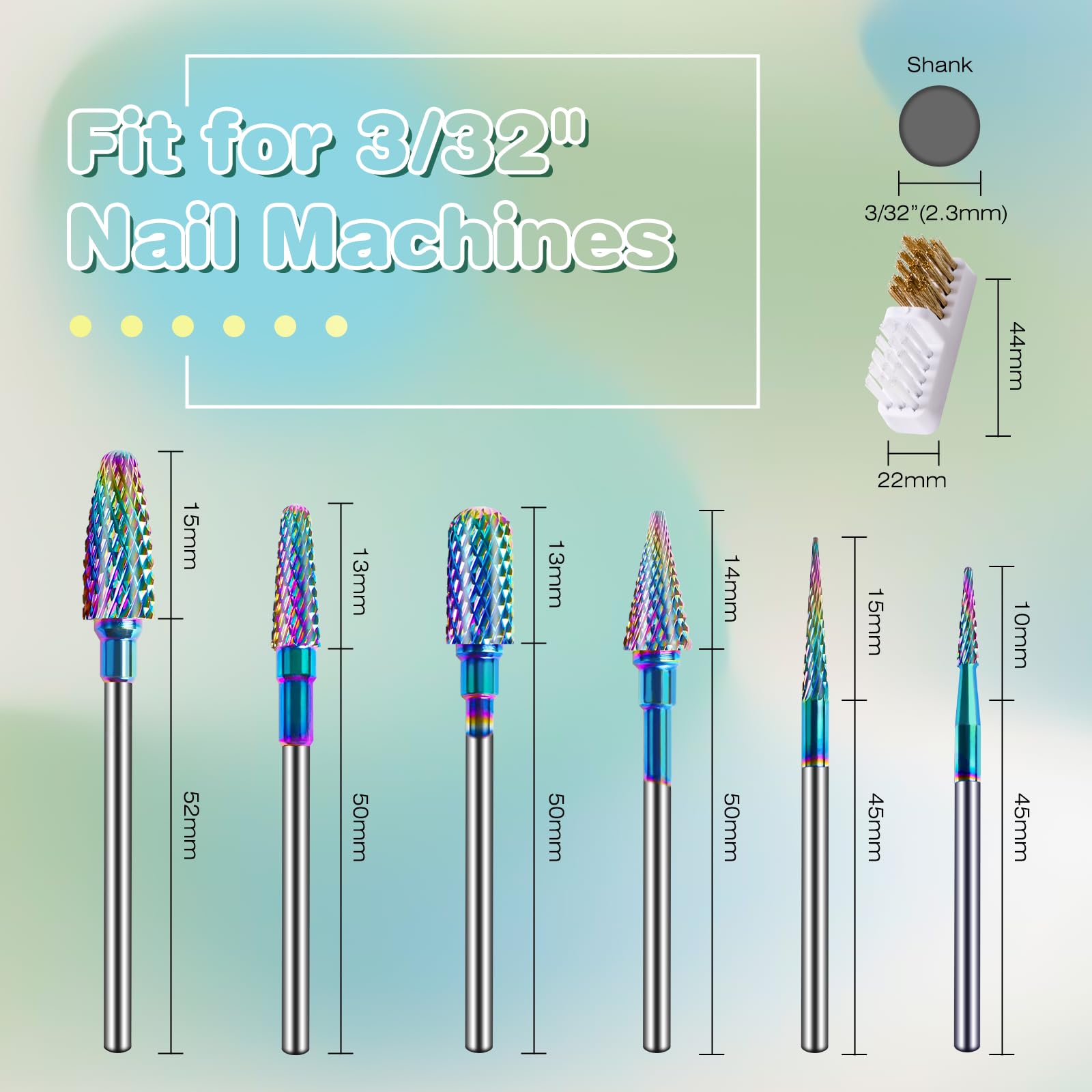 Juego de 6 brocas para uñas con cepillo de limpieza, brocas profesionales de carburo de tungsteno de 3/32 pulgadas, brocas de uñas para cutículas, brocas removedoras para uñas de gel acrílico