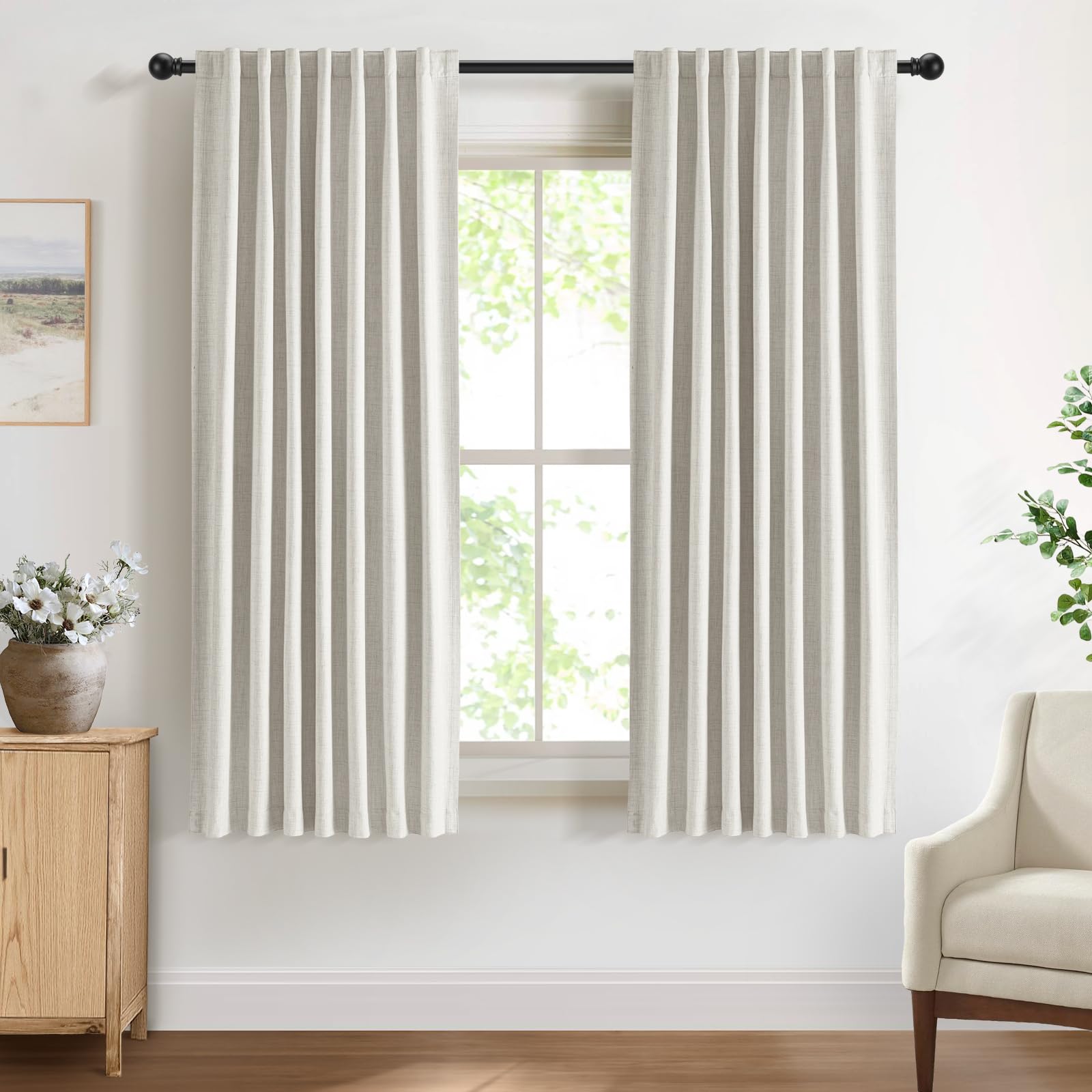 DEFYNEE 100% Blackout Curtains for Bedroom, 50 x 63 Inch Drop, Back Tab/Rod Pocket, Thermal Insulated Curtains with Coating Back Layers, for Room Darkening Privacy Protection, 2 Panels, Beige — image 1