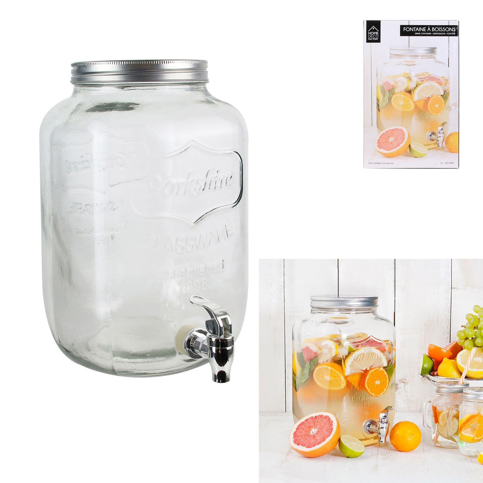 HOME DECO FACTORY - KV7177, Dispensador de Bebidas de Vidrio con Amplia Apertura y Grifo de Servicio, Diseñado para Toda la Familia, Ideal para Tus Bebidas - Capacidad: 8 L (Paquete de 2)