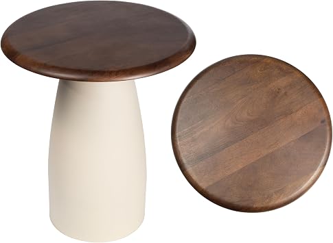 JONATHAN Y Otto 18" Round Mango Wood and Iron End Table, Modern Side Table with Curved Pedestal Base for Living Room, Bedroom, Small Spaces, Walnut and Warm Ivory END5001B