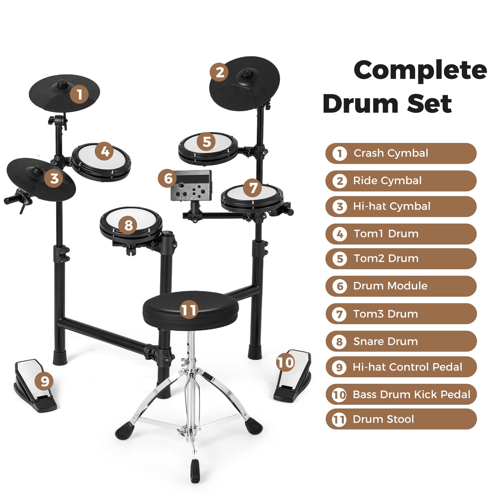 KOMFOTTEU Batteria elettronica con pad, batteria musicale con 150 suoni, 10 dimostrazioni, piatti da 24 cm, strumento musicale con sgabello regolabile, pedali, bacchette e auricolari, USB MIDI