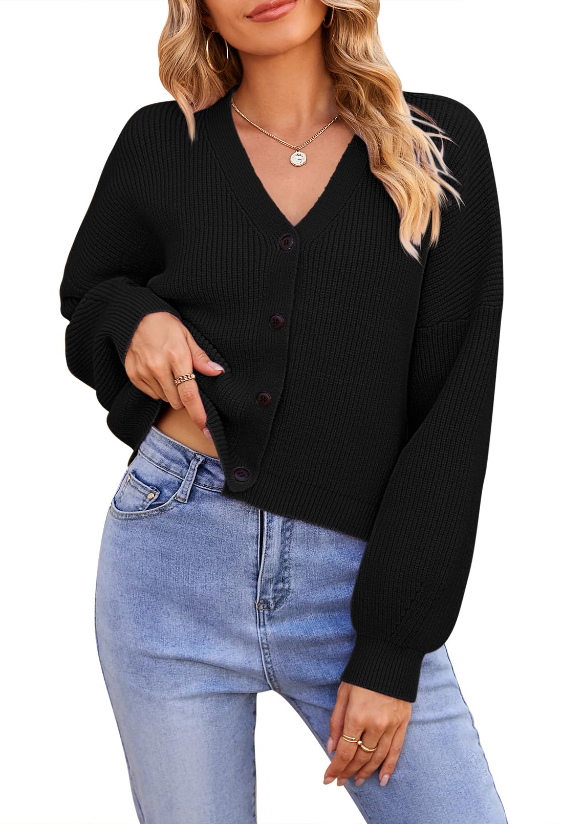 Pink Queen Womens 2025 Fall Button Down V Neck Batwing Long Sleeve Ribbed Knit Cropped Cardigan Sweater Top
