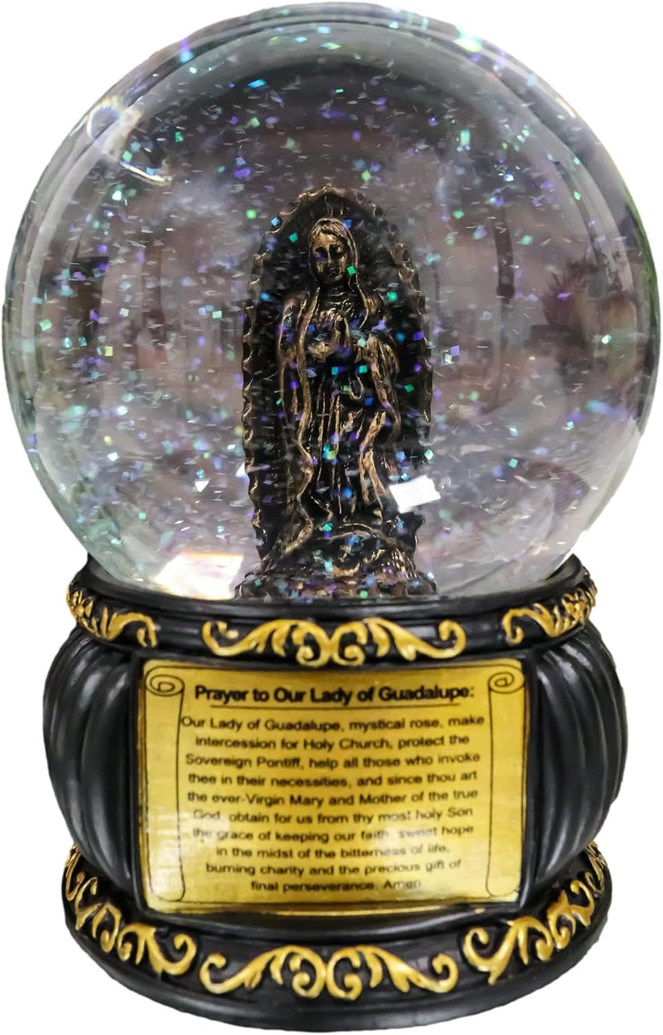 Ebros Gift Blessed Virgin Mary Our Lady of Guadalupe Glitter Water Globe with Prayer Plaque Black and Gold Scroll Art Base 5.25" Tall Catholic Church Snow Globes Decor Figurine