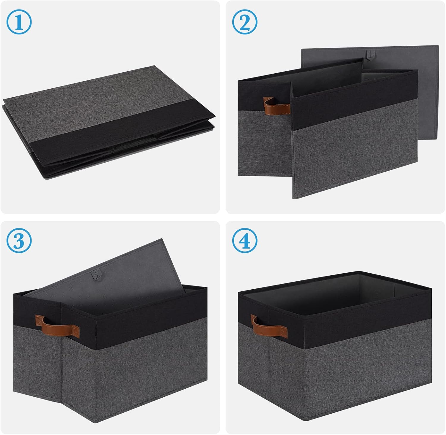 Large Fabric Storage Bins(6-Pack), Foldable Fabric Storage Baskets for Shelves, Sturdy Storage Boxes with PU Handles for Organizing Closet Home Bedroom Office (26L, Grey&Black)