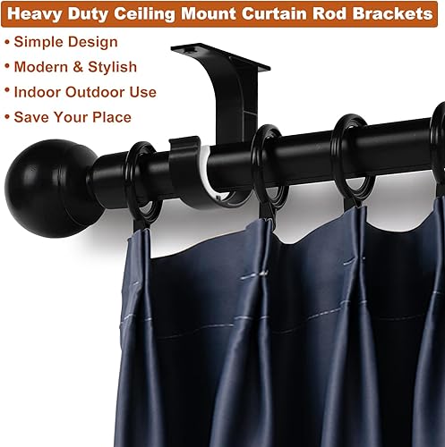 Miniatura 5 de Soportes de barra de cortina de techo, soportes de techo resistentes para barra de cortina de 1 a 1 14 pulgadas, ganchos negros para barra de