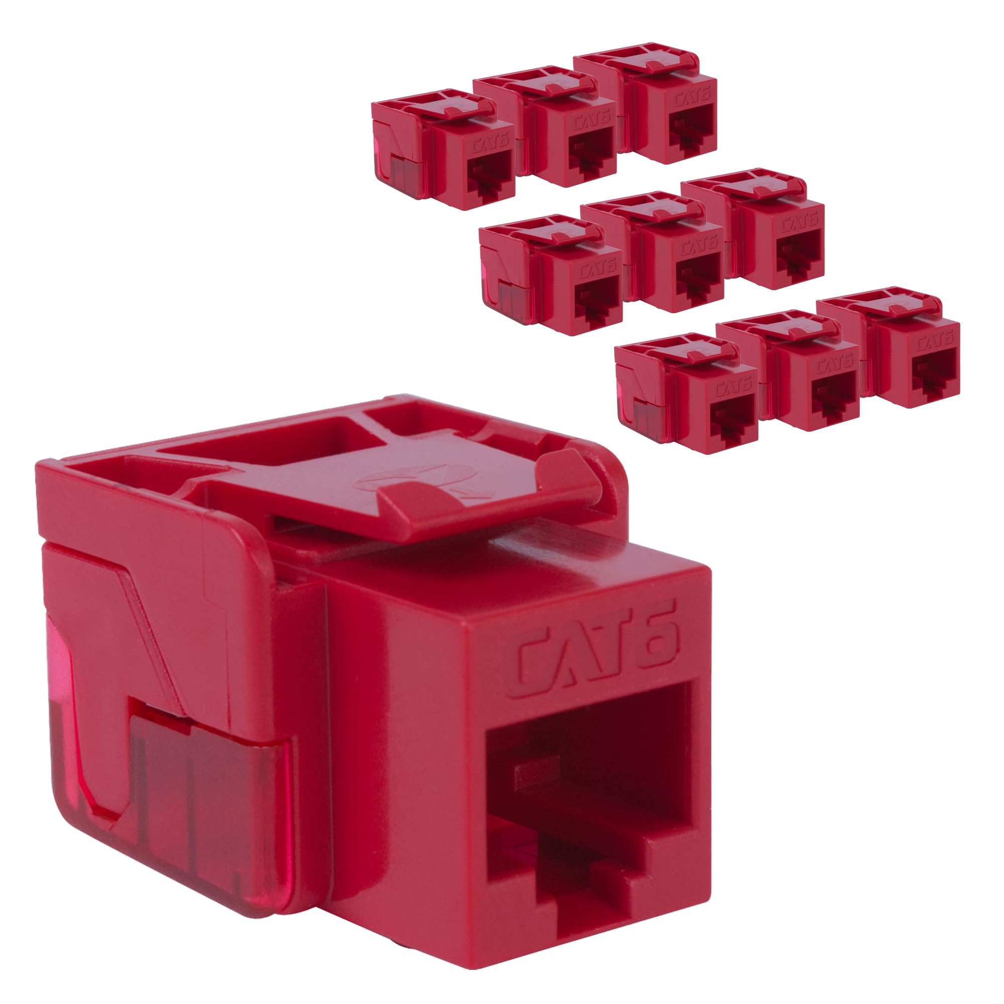 ICC CAT6 Keystone Jack with Inline IDC No Pair Split Wiring (Easier Termination) UL Listed PoE++ TAA Compliant for Wall Plate or Patch Panel, Works with JackEasy Termination Tool, Red, 10 Pack