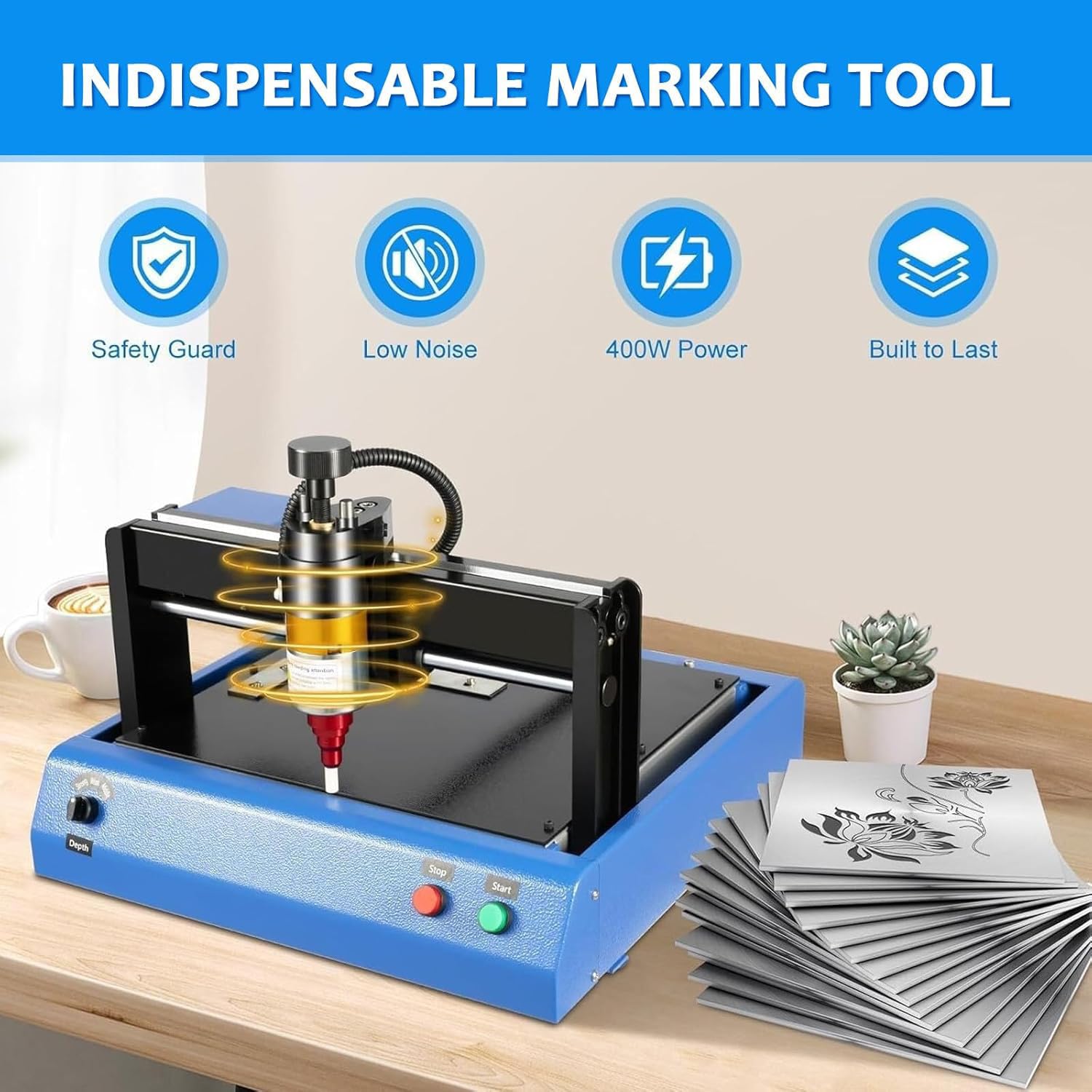 Máquina de Marcado de Metales Eléctrica 400W,Grabadora por Micropunto 200x150mm para Placas de Identificación Letras y Números,Profundidad Ajustable 0.05-2mm