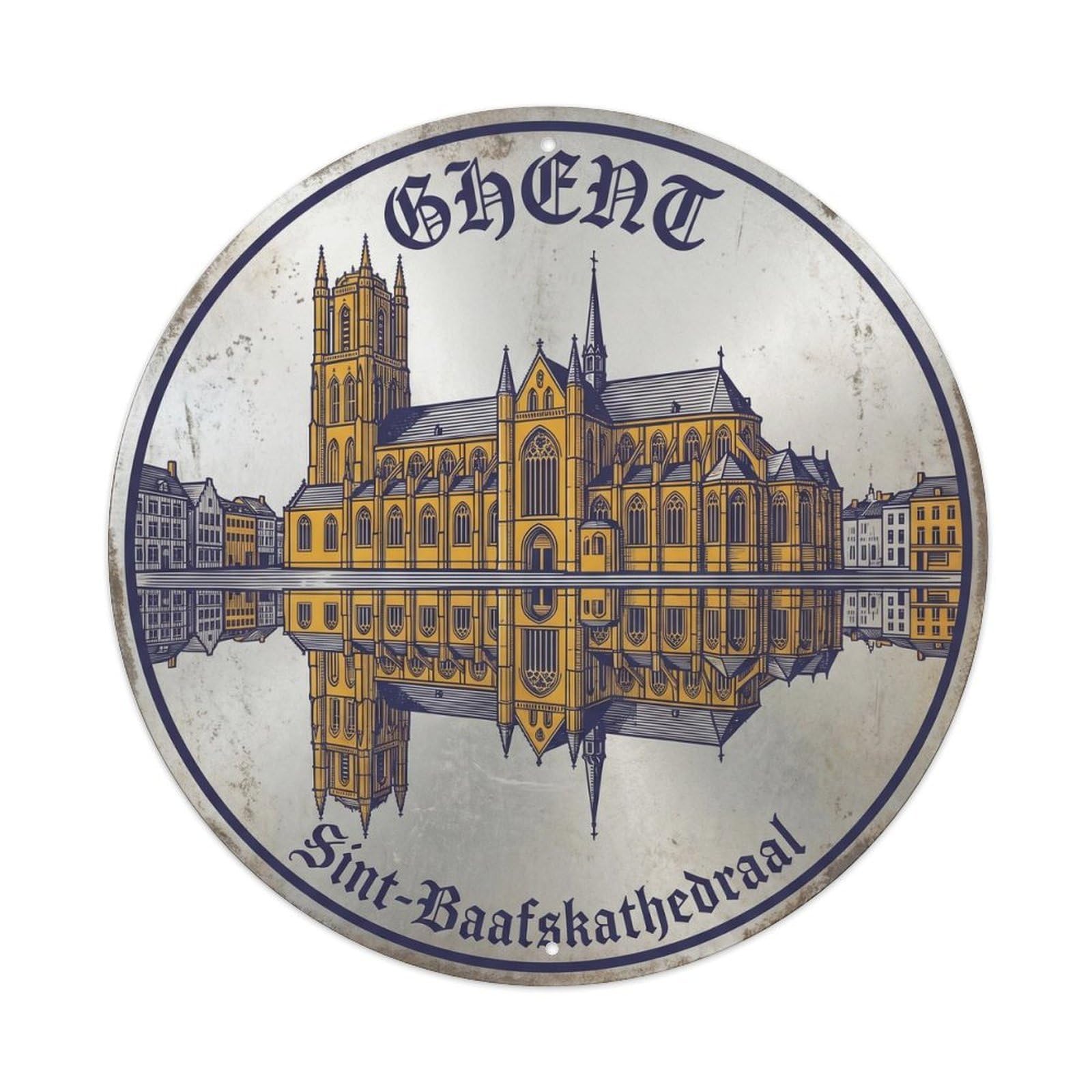 Cmhok Vintage Style-22 Vintage Travel Ghent Belgium Artwork Metal Tin Sign Plaque Wall Decor For Cafe, Club, Garden Round Metal Poster 8X8inch