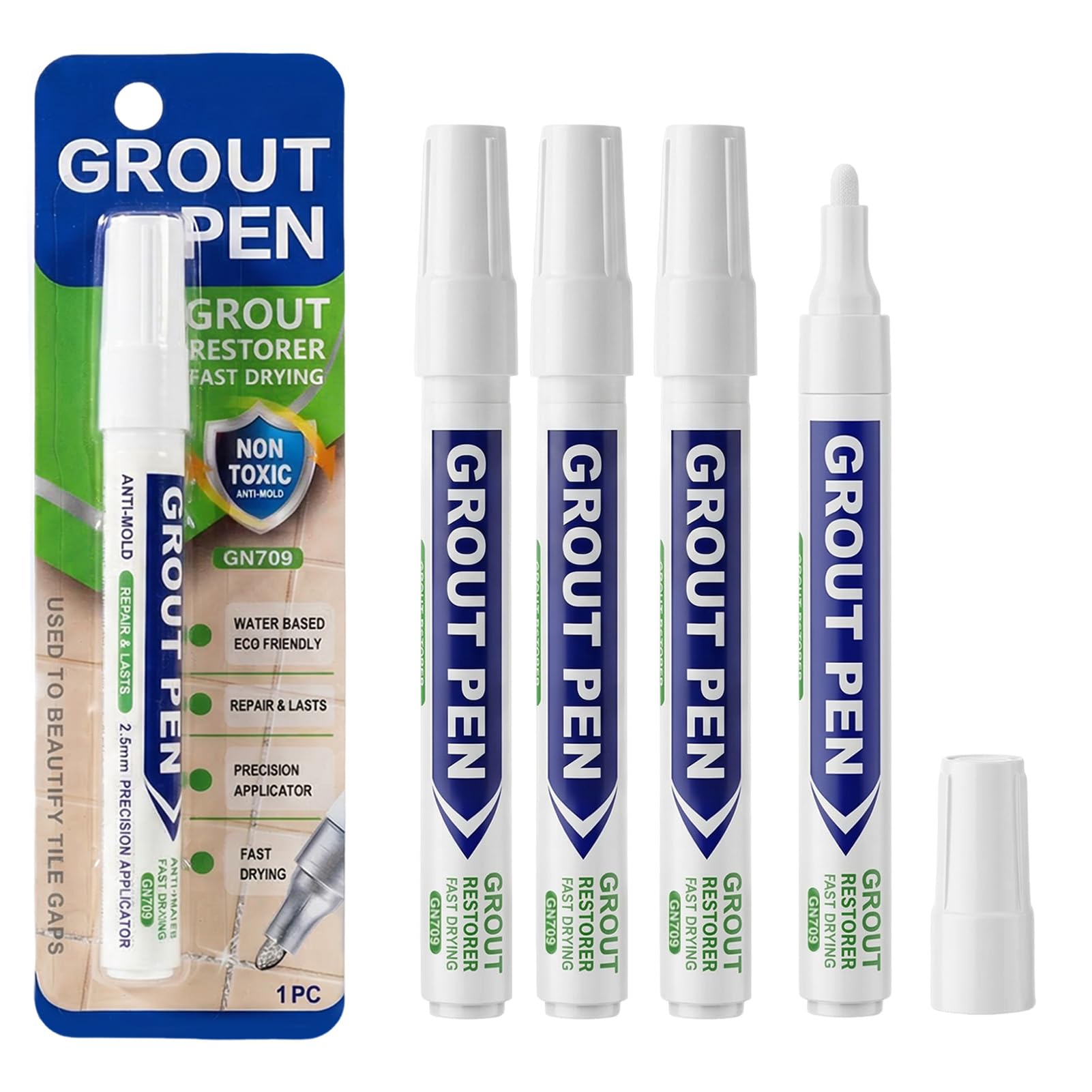 4PCS White Grout Pen for Tiles, Waterproof Grout Pen White with Fine Tip, Mold-Resistant Grout Reviver for Kitchen Bathroom Floor Tiles Wall Lines