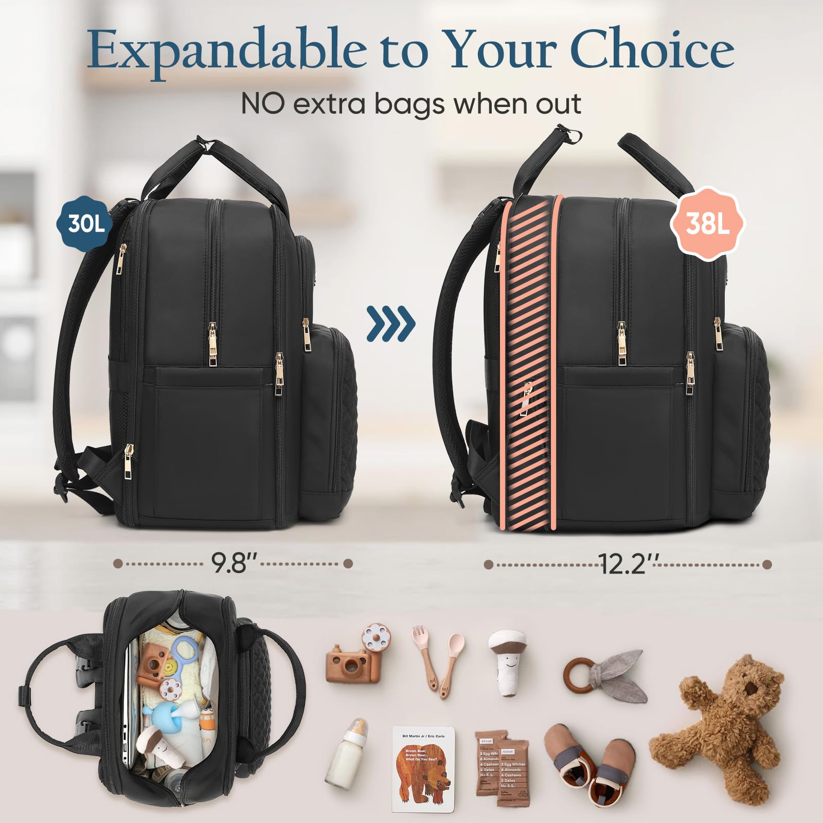 Qualyphant Mochila para pañales, expandible, 35 L, extra grande, para 2 niños gemelos, mochilas cambiadoras acolchadas para bebés
