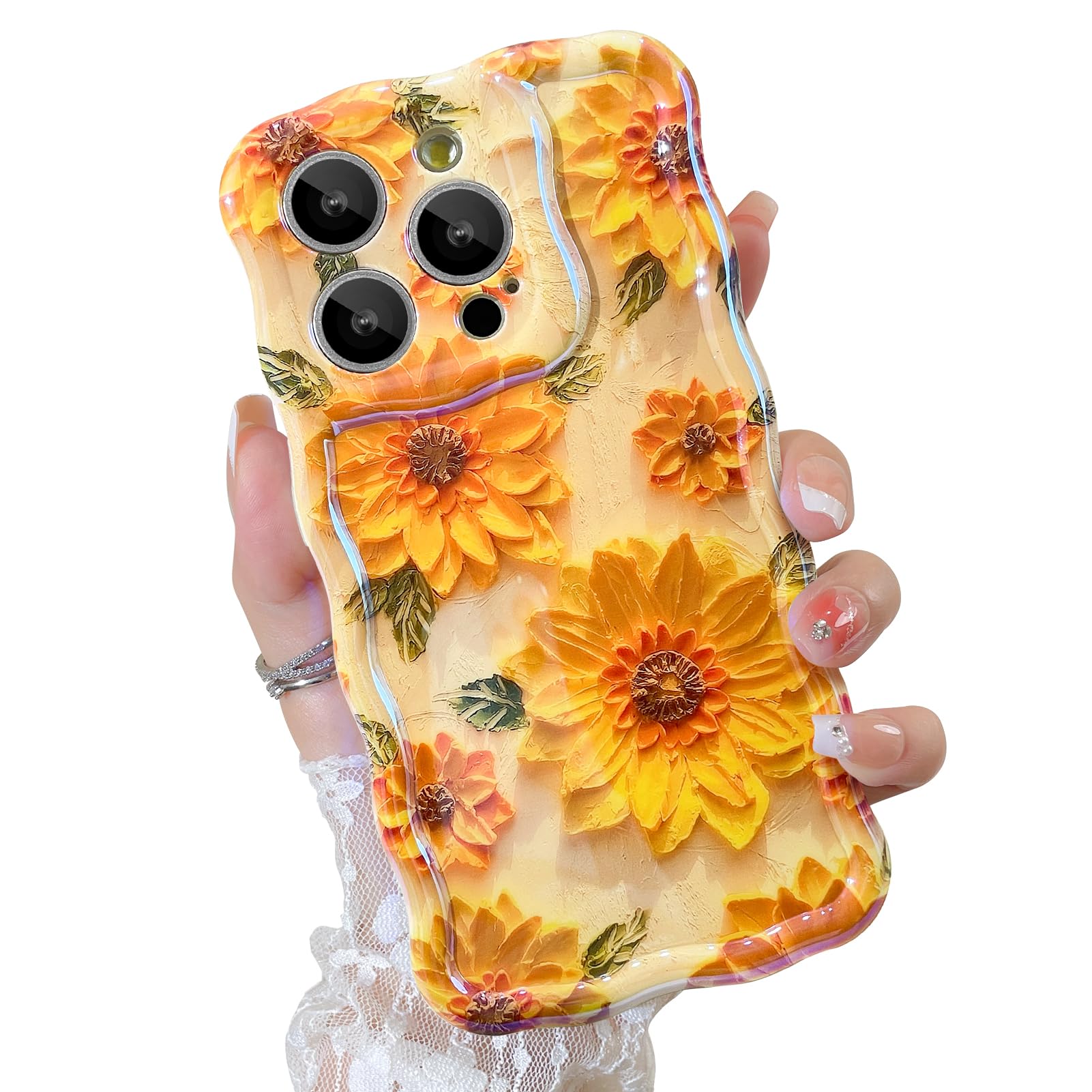OOK Oil Painting Phone Case for iPhone 14 Pro Laser Glossy Cute Oil Painting Flower Pattern Curly Waves Bumper Design Soft Protective Cover for Girls