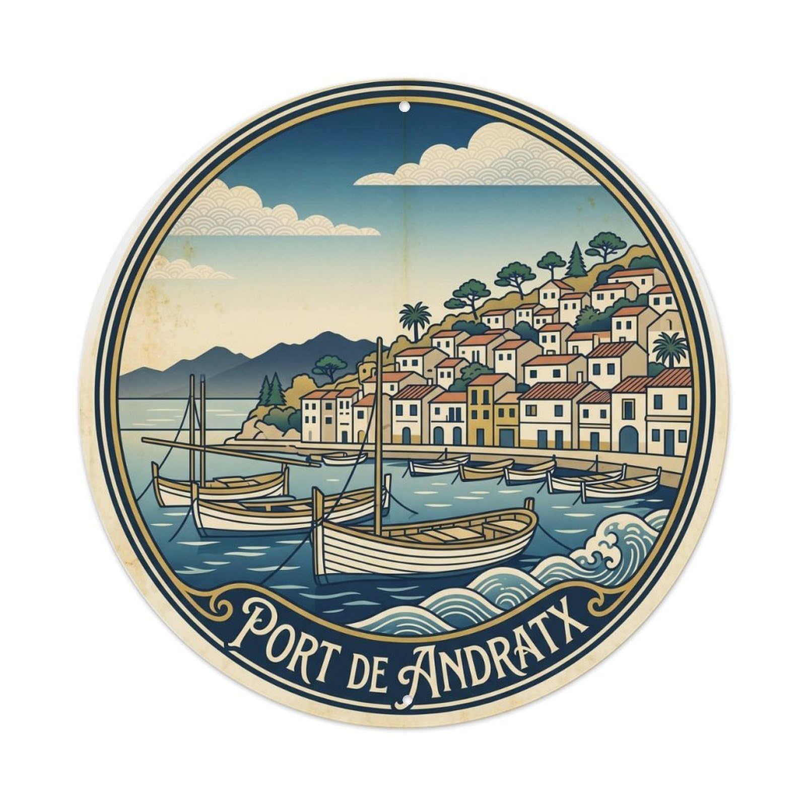 Okahys 8X8inch Classic Style Mallorca Harbor De Andratx Mediterranean Island Metal Tin Sign