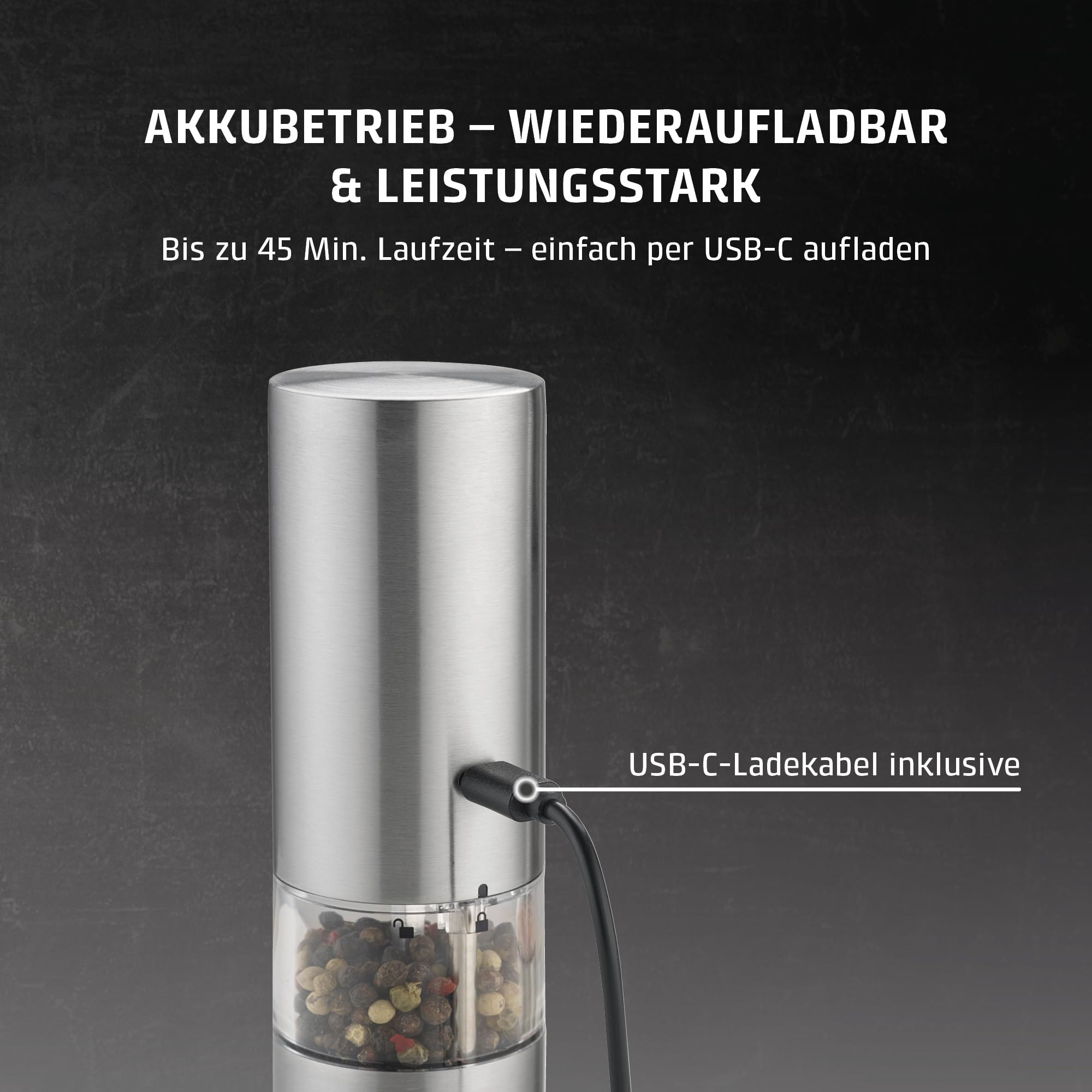 CASO SpiceDuo Elektrische Salz- & Pfeffermühle Set – Edelstahl Gewürzmühlen mit Keramikmahlwerk, stufenlos einstellbar, LED-Licht, USB-C aufladbar, Einhandbedienung & Holzhalterung