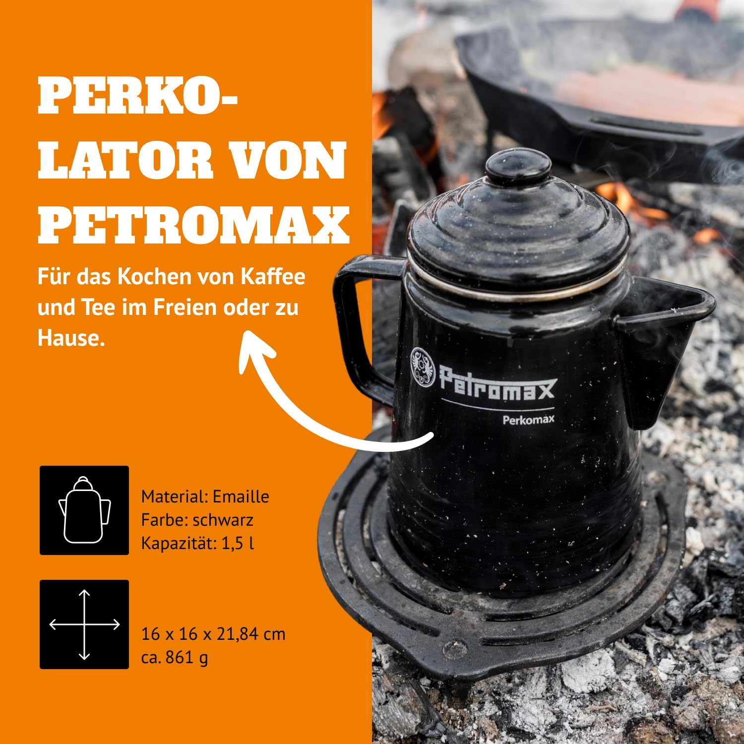 Petromax Perkomax Perkolator, Kaffee & Teekanne, emailliert, 9 Tassen, für Camping & Herd - 1,5 Liter schwarz