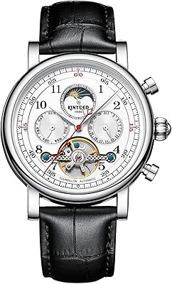 IK COLOURING Mens Watches, 44mm Mechanical Skeleton Wrist Watch with Calendar,Week, Moon Phase, Tourbillon Automatic Self-Wind Watch