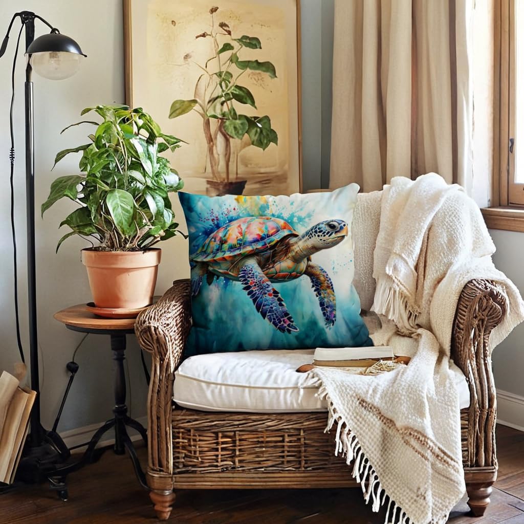 Sea Life Pillow Covers 18x18 Inch Watercolor Ocean Animals Sea Turtle,Sea Horse,Starfish Cushion Case Coastal Beach Theme Farmhouse Home Decoration 4Pack Square Pillowcase for Patio Couch Sofa (Multi) - Image 3