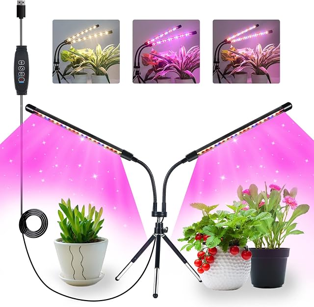 LED Plant Lights with Small Stand, Full Spectrum 40 LEDs Grow Lamp with 3H/9H/12H Timing On&Off & 3 Switch Modes and Adjustable Gooseneck for Indoor Plants Growing(No Adapter)