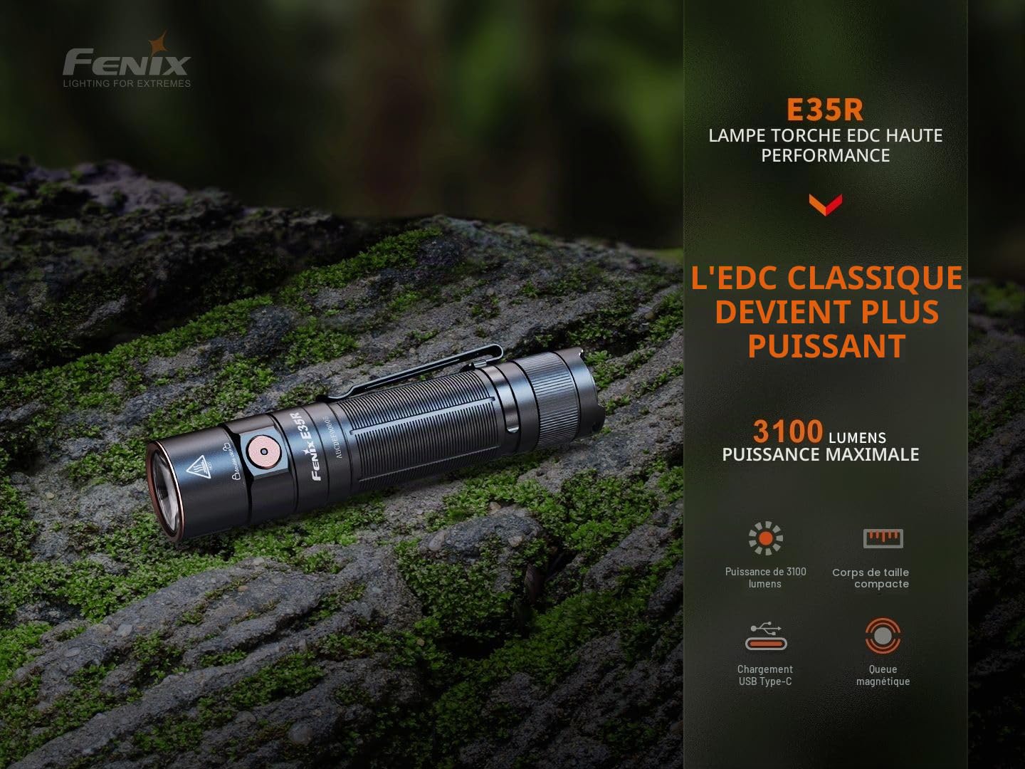 fenix E35R Lampe torche rechargeable 3100 lumens avec queue magnétique