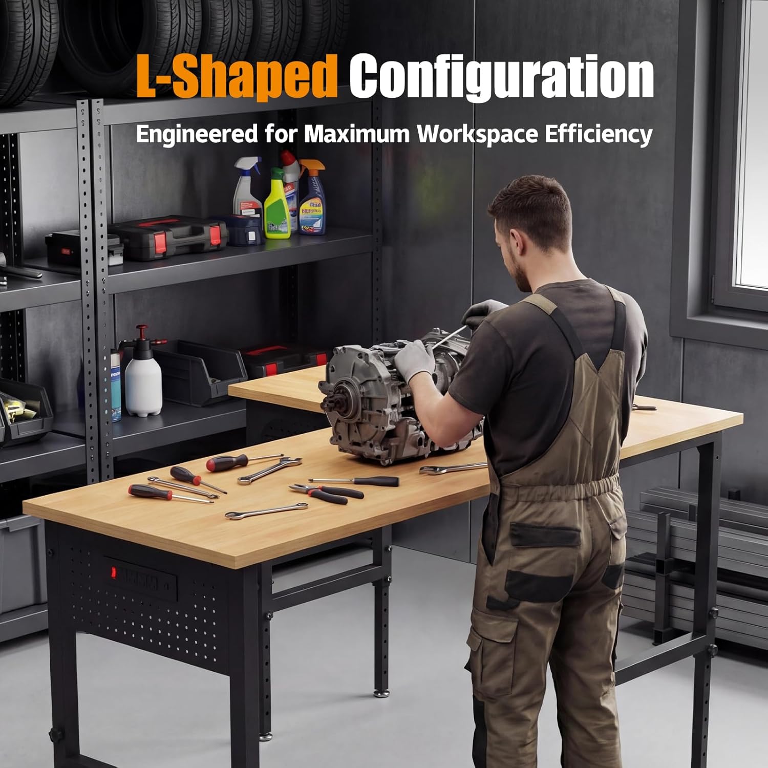 70"x47" L-Shaped Heavy Duty Work Bench, 3300 LBS Load Capacity Heights Adjustable Workbench, Work Benches for Garage with Power Outlet & Pegboard, Rubber Wood Work Table for Office, Workshop, Home