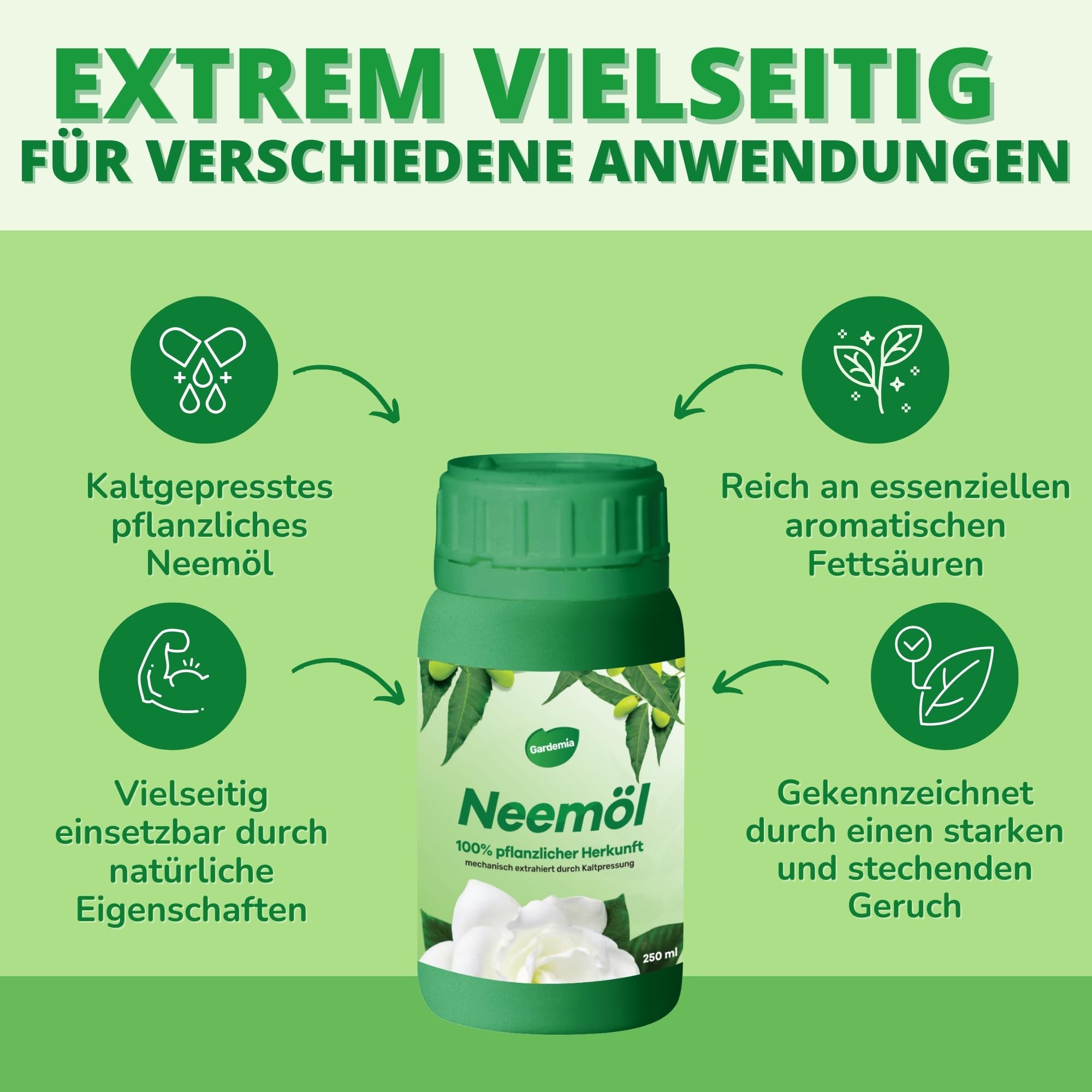 Gardemia Neemöl mit Emulgator 250ml mit Wasser mischbar 100% pflanzlichen Ursprungs mechanisch durch Kaltpressung der Früchte des Neembaums extrahiert