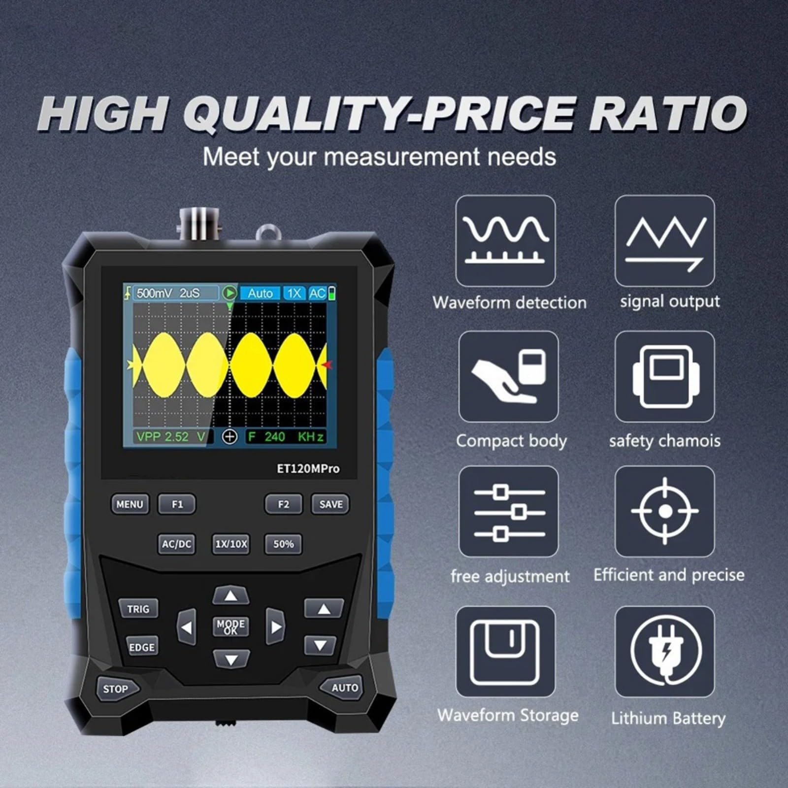 ET120MPro, oscilloscopio digitale 120 MHz 500 MS/s con sorgente di segnale 3 MHz, tester automobilistico 2 in 1 per diagnostica auto, istruzione e laboratorio, design portatile con batteria