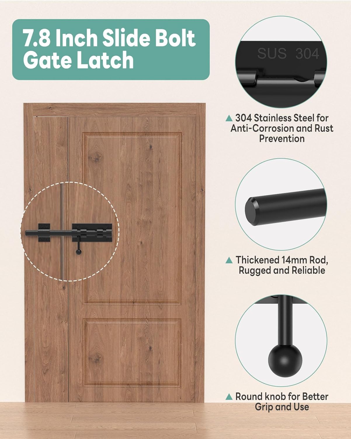 304 Stainless Steel Slide Bolt Gate Latch, 8-Inch Sliding Barrel Bolt Door Lock, Heavy Duty Ground Latches Hardware for Wooden Shed Barn Doors, Gate, Outdoor Fence, Yard (Black-1pc 8inch)