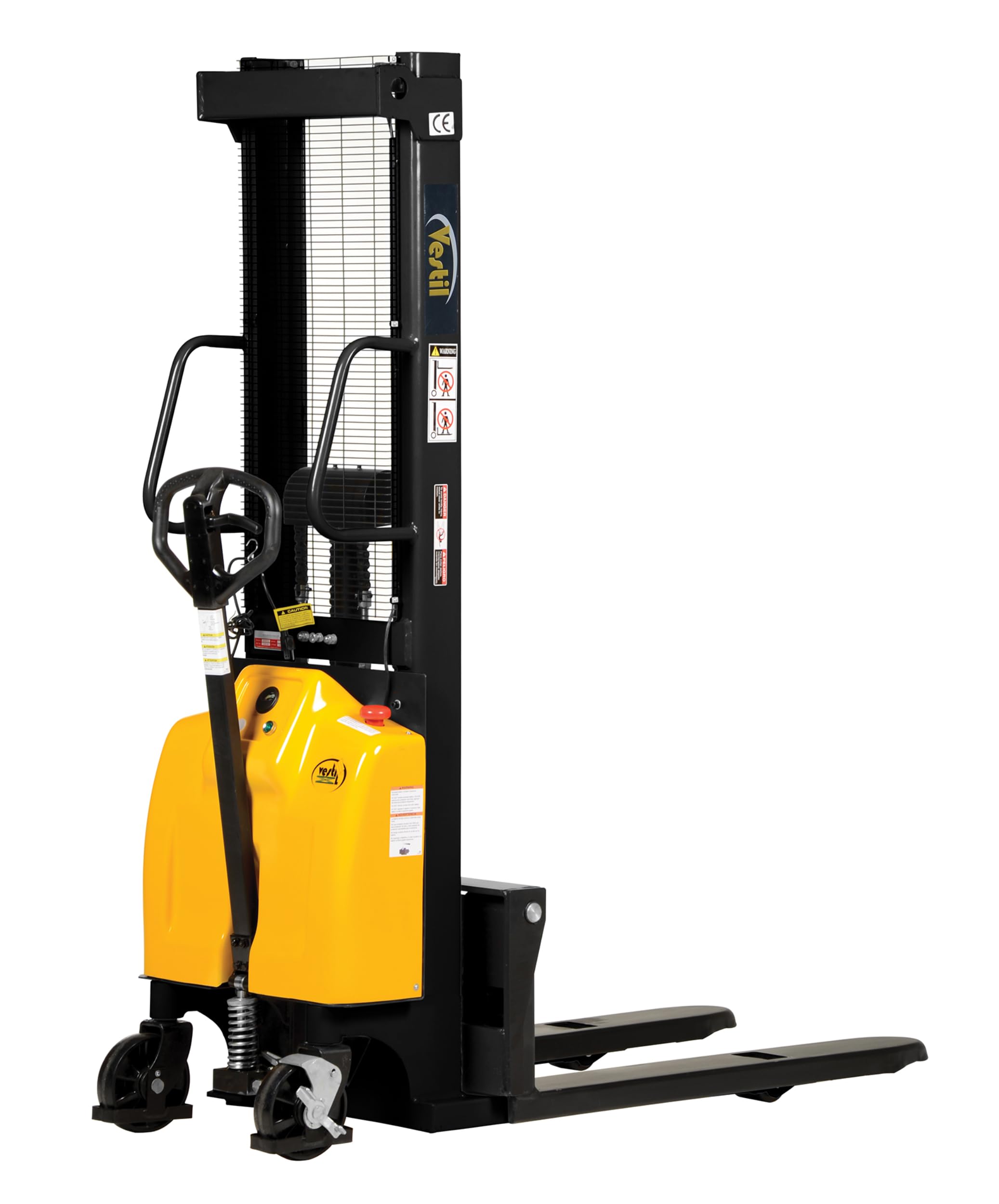 Vestil SE/HP-98 Steel Hand Pump DC Powered Stacker with Fixed Forks and Legs 98 in. Raised Height 2,000 Lb. Capacity Yellow
