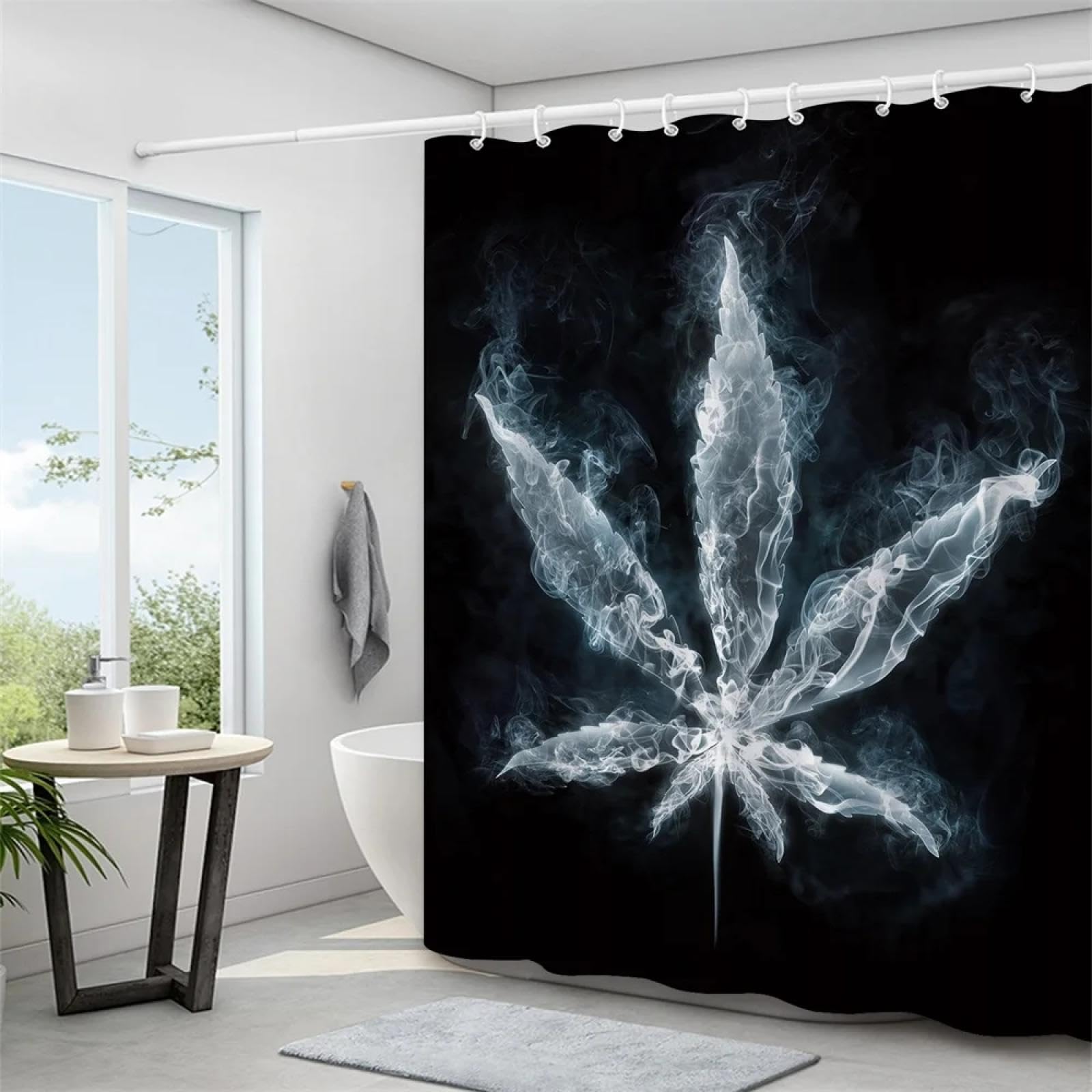Cortina de ducha en forma de hoja, 220 x 180 cm (ancho x alto), lavable, estampado de hojas, resistente al moho, cortina de baño de tela de poliéster blanco, con 12 ganchos